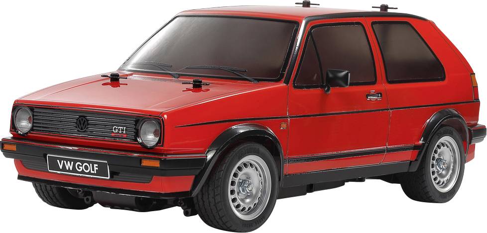 Ein rotes klassisches VW Golf GTI Modellauto, das nach links zeigt und schwarze Details sowie markante sportliche Designelemente präsentiert.