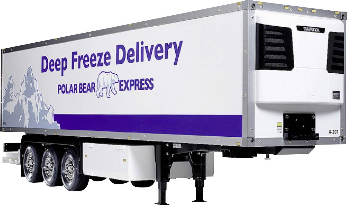 Gekühlter Lieferwagen mit den Logos 'Deep Freeze Delivery' und 'Polar Bear Express', versehen mit einer illustrierten Eisbärfigur und Berglandschaft.