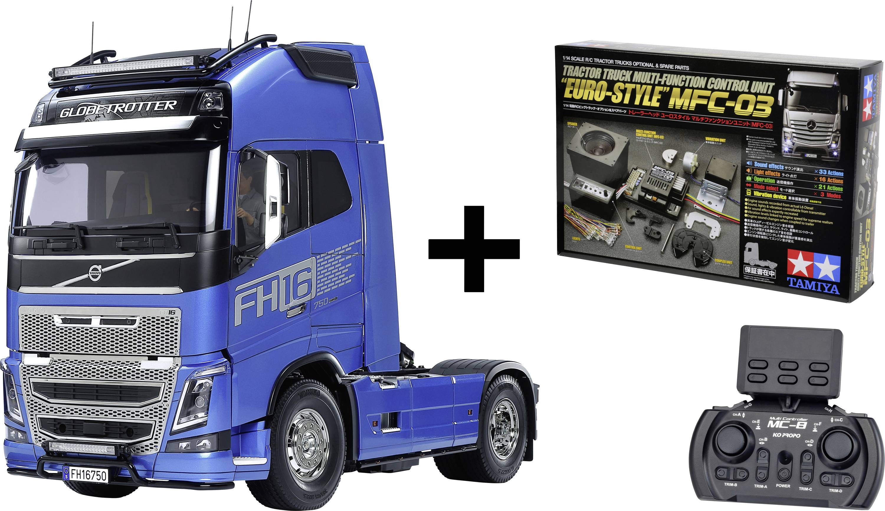 Ein blauer Modell-Truck mit der Aufschrift 'Globetrotter FH16', der neben einer 'Tamiya Euro-Style MFC-03' Steuereinheit und einer Fernbedienung präsentiert wird.