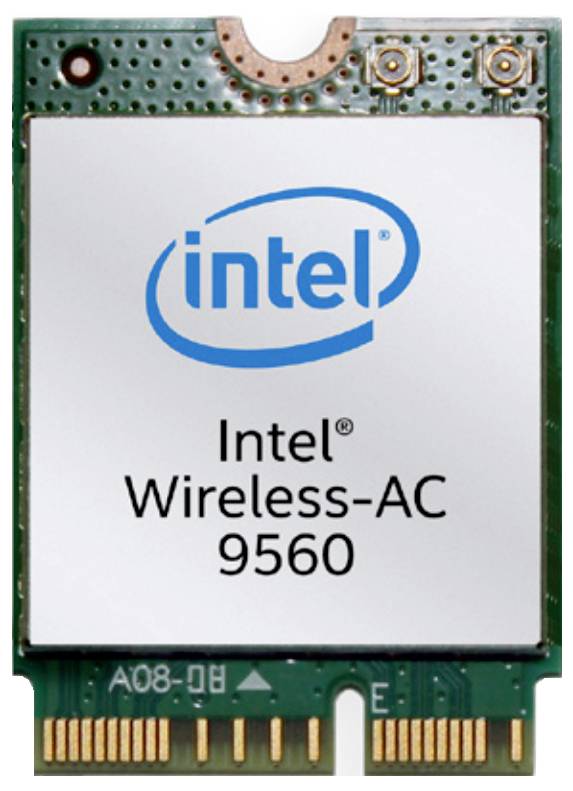 'Intel Wireless-AC 9560' Netzwerkkarte mit Intel-Logo, sichtbare Schaltkreise am oberen Rand, verwendet für drahtlose Konnektivität in Geräten.