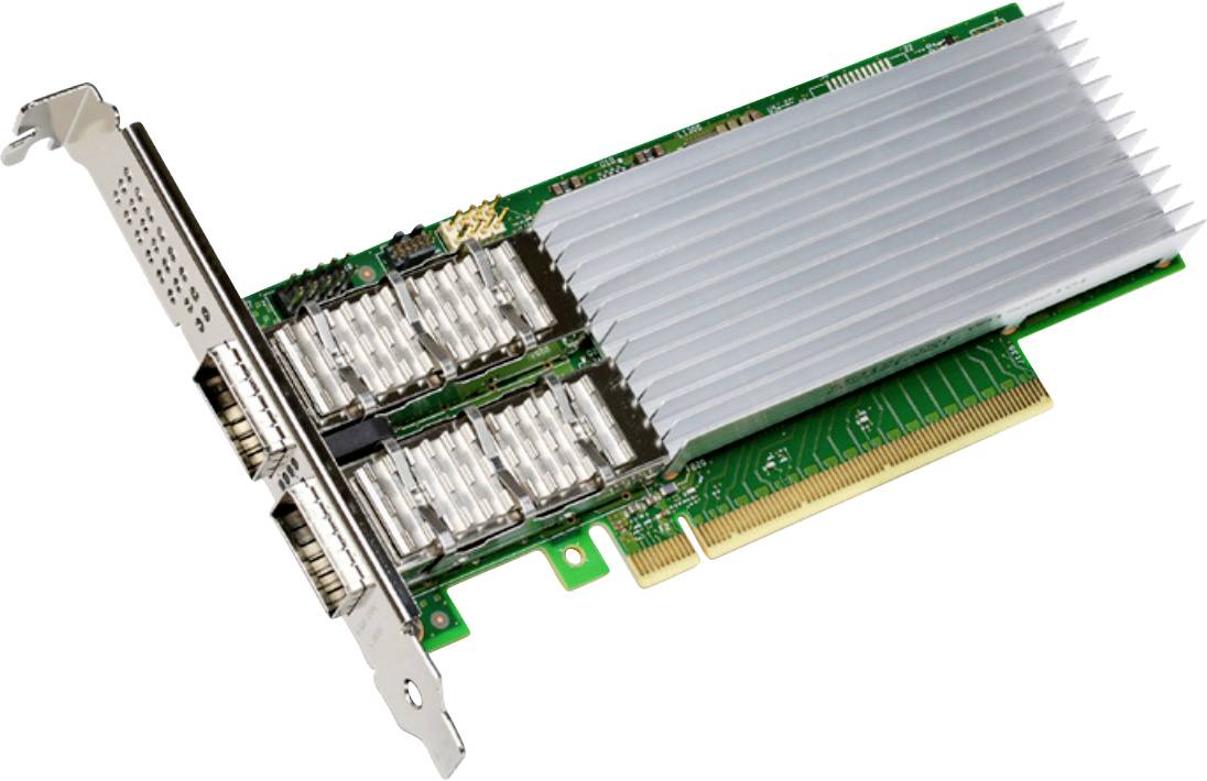 Eine Computerausbaukarte mit mehreren Anschlüssen und einem großen Kühlkörper, entwickelt zur Verbesserung der Computervernetzung und -leistung.