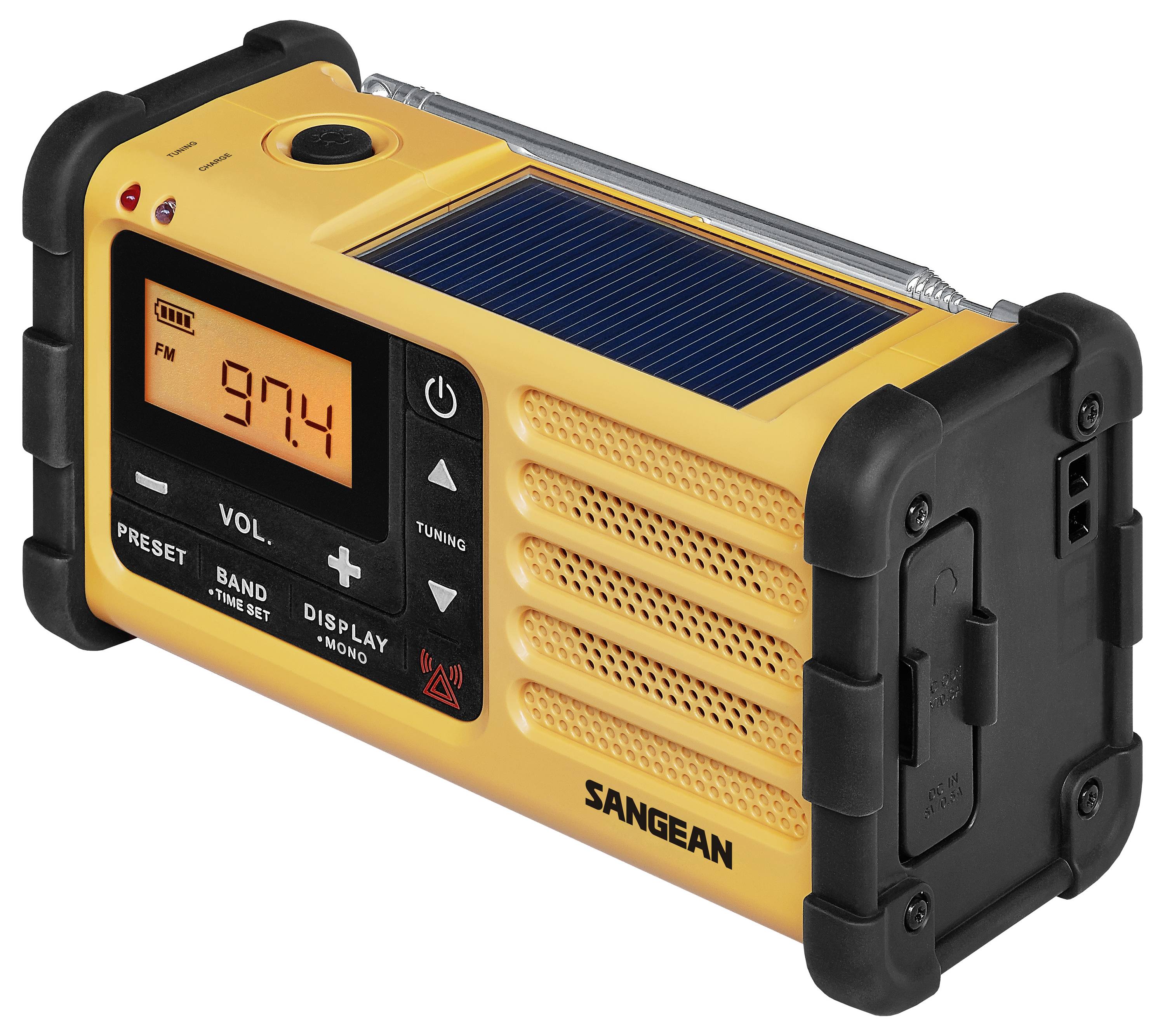 Ein gelb-schwarzes tragbares Radio mit einer Solarzelle, auf dessen Display die UKW-Frequenz 97,4 MHz angezeigt wird.