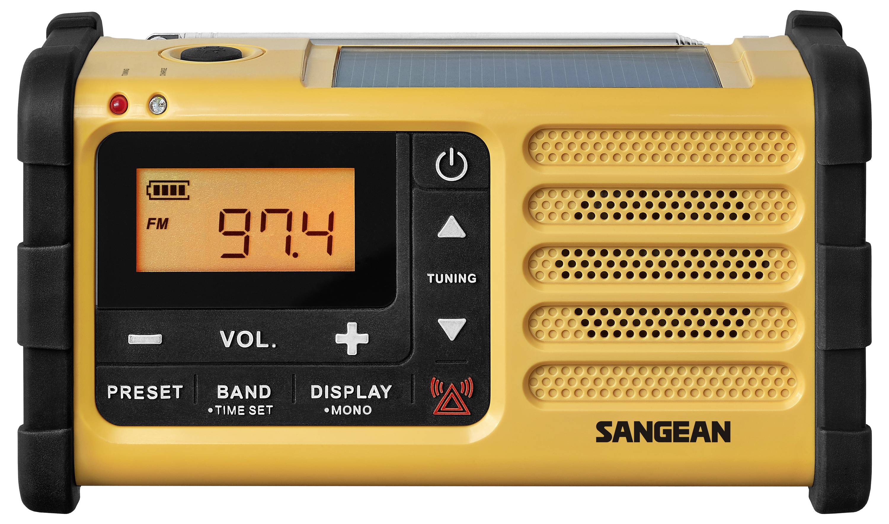 Ein gelbes Sangean Tragradio mit der Anzeige 'FM 97.4' auf dem Display. Das Radio verfügt über Tasten für Voreinstellung, Band, Display und Abstimmung.