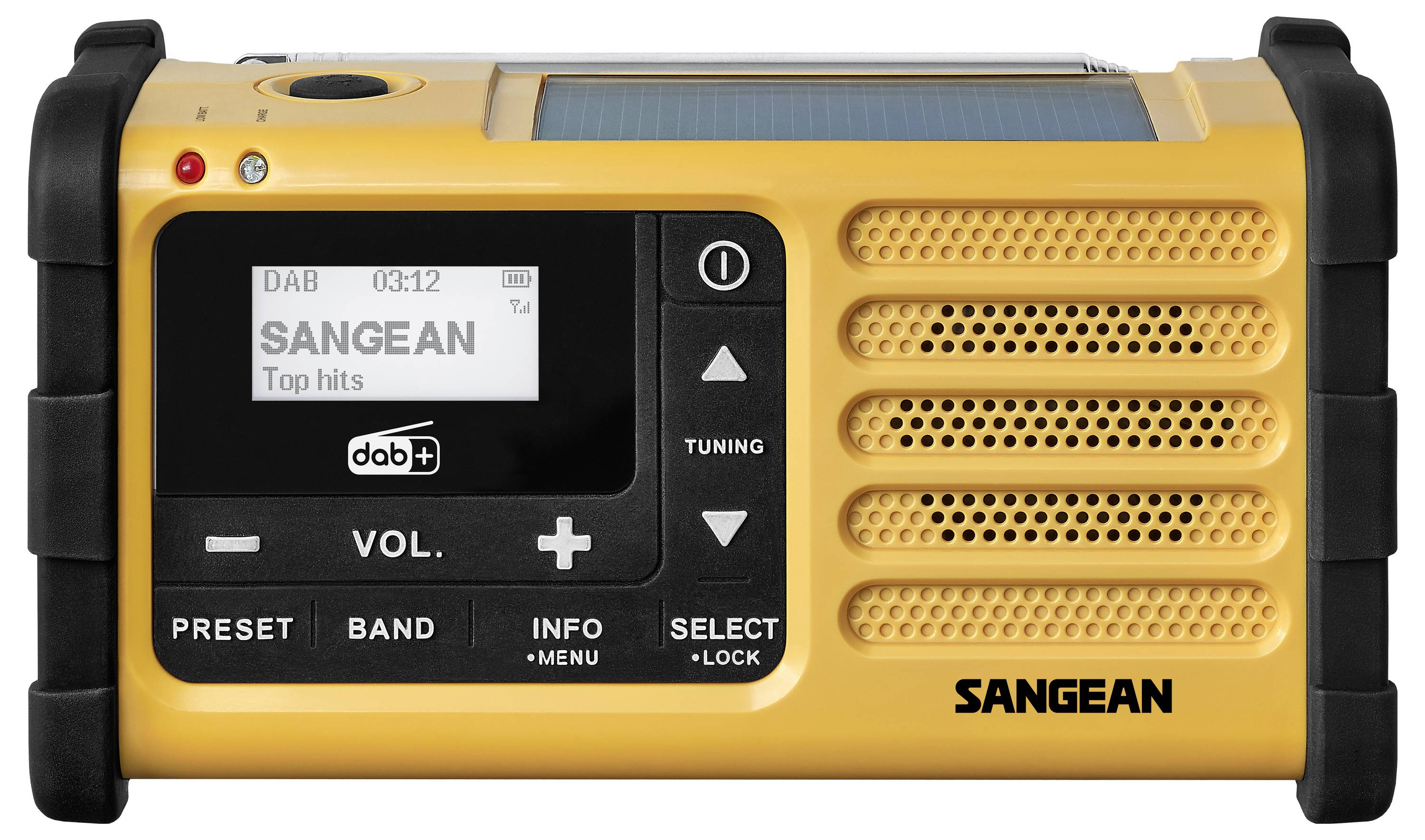 Sangean Outdoorradio DAB+, FM Notfallradio Taschenlampe, wiederaufladbar, Solarpanel Schwarz, Gelb