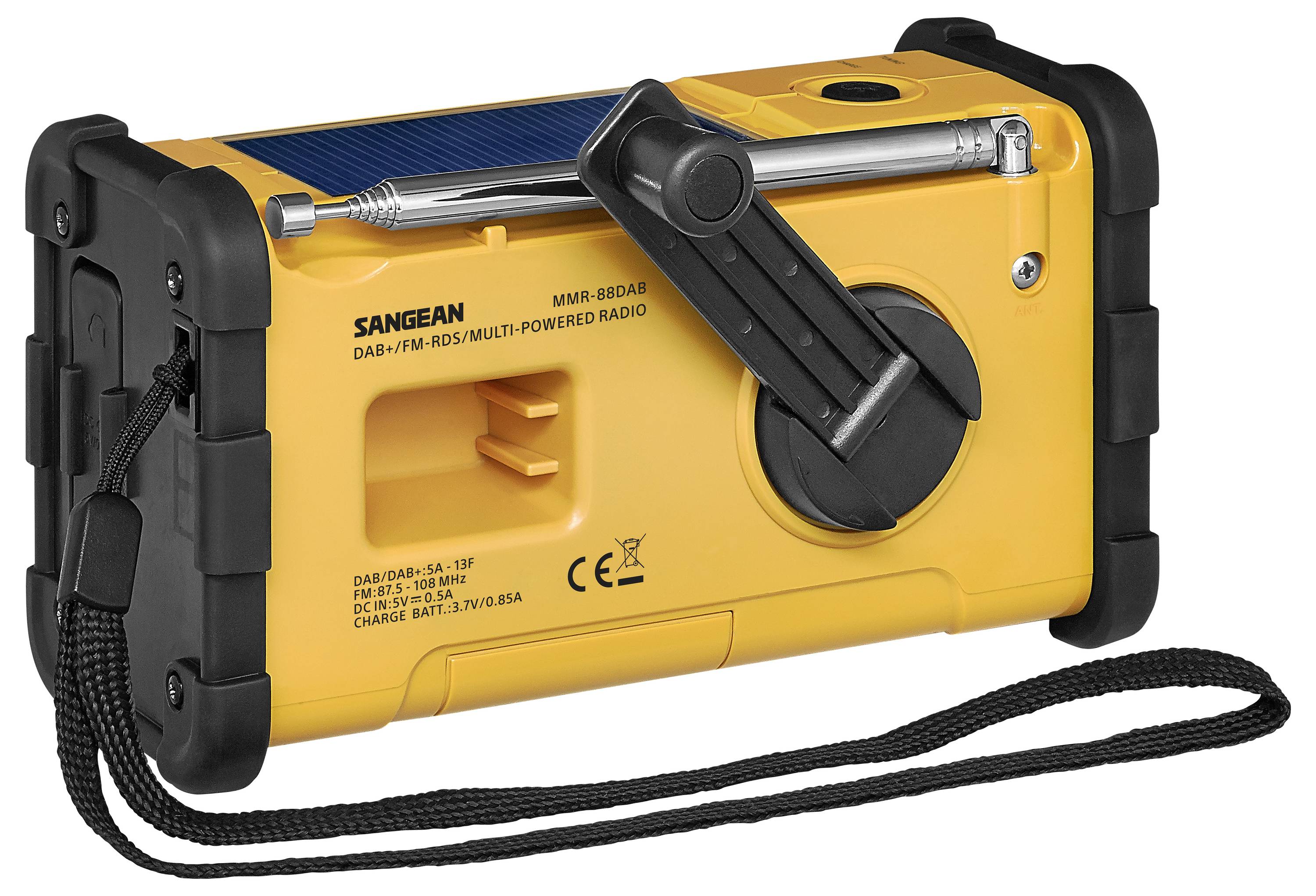 Sangean Outdoorradio DAB+, FM Notfallradio Taschenlampe, wiederaufladbar, Solarpanel Schwarz, Gelb