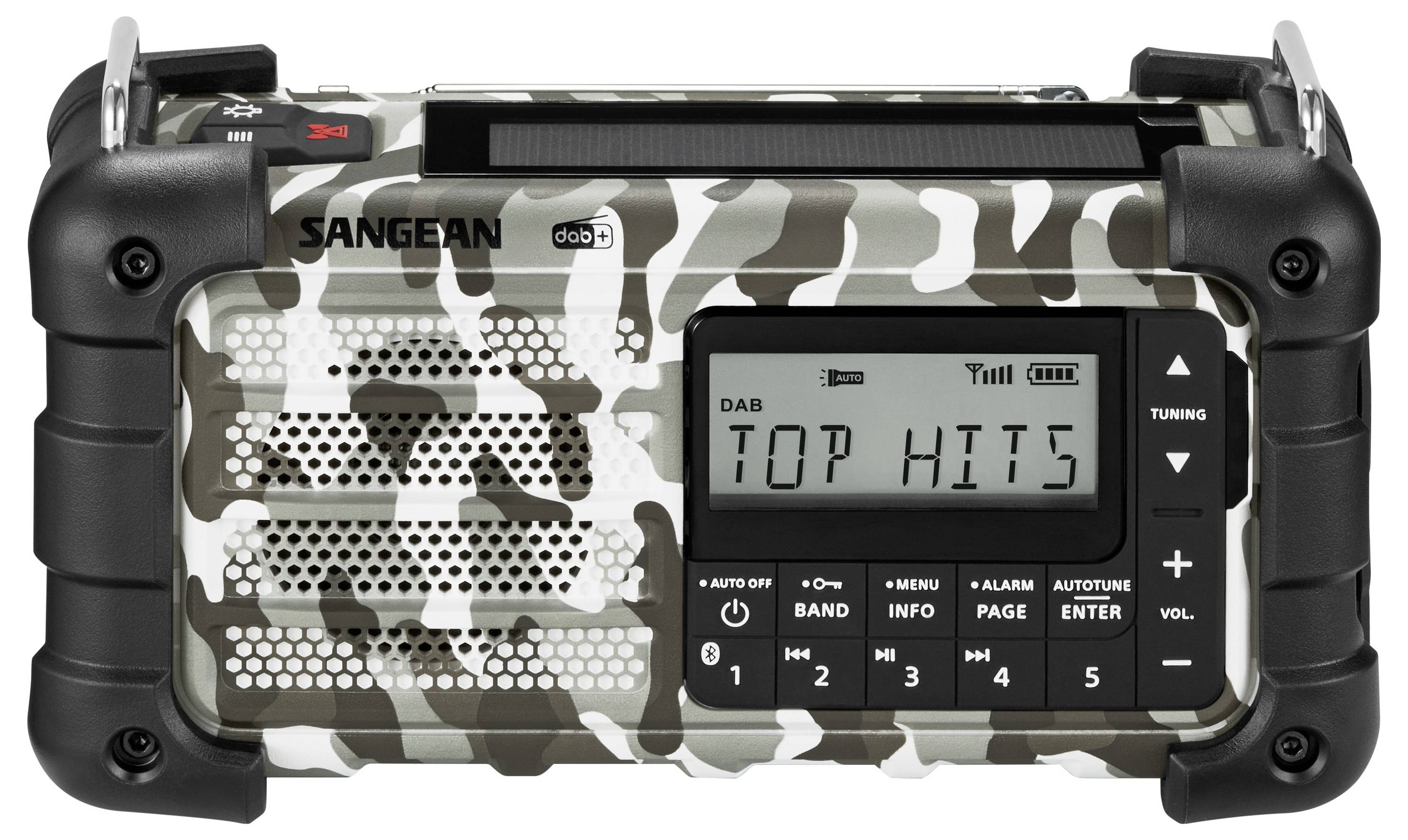 Tragbares robustes Radio mit Tarnmuster-Design, auf dessen Display 