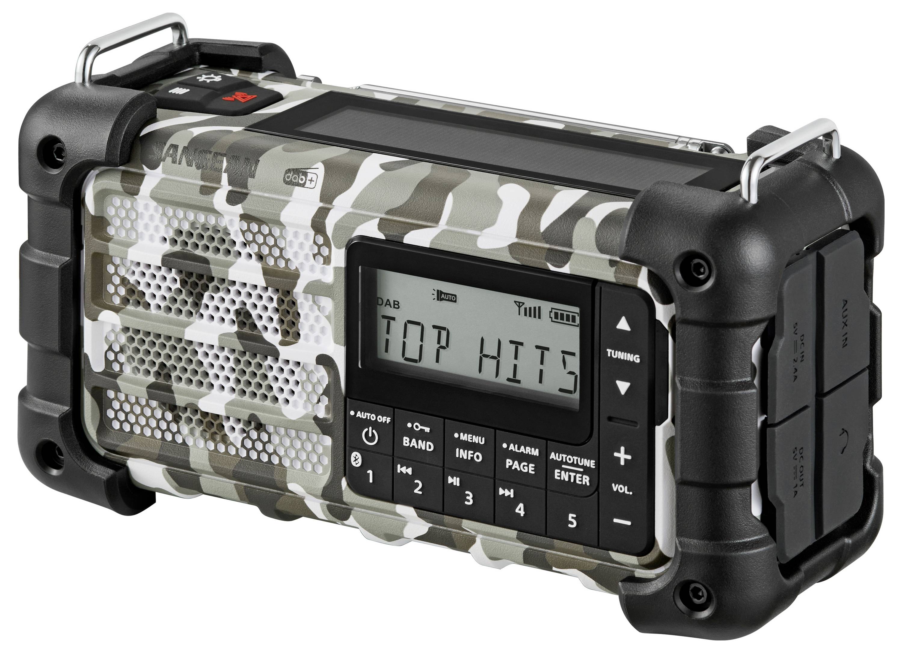 Ein robustes, getarntes digitales Radio mit der Anzeige 'Top Hits' auf dem Display, ausgestattet mit Tasten für Abstimmung, Bandauswahl und Audioeinstellungen.