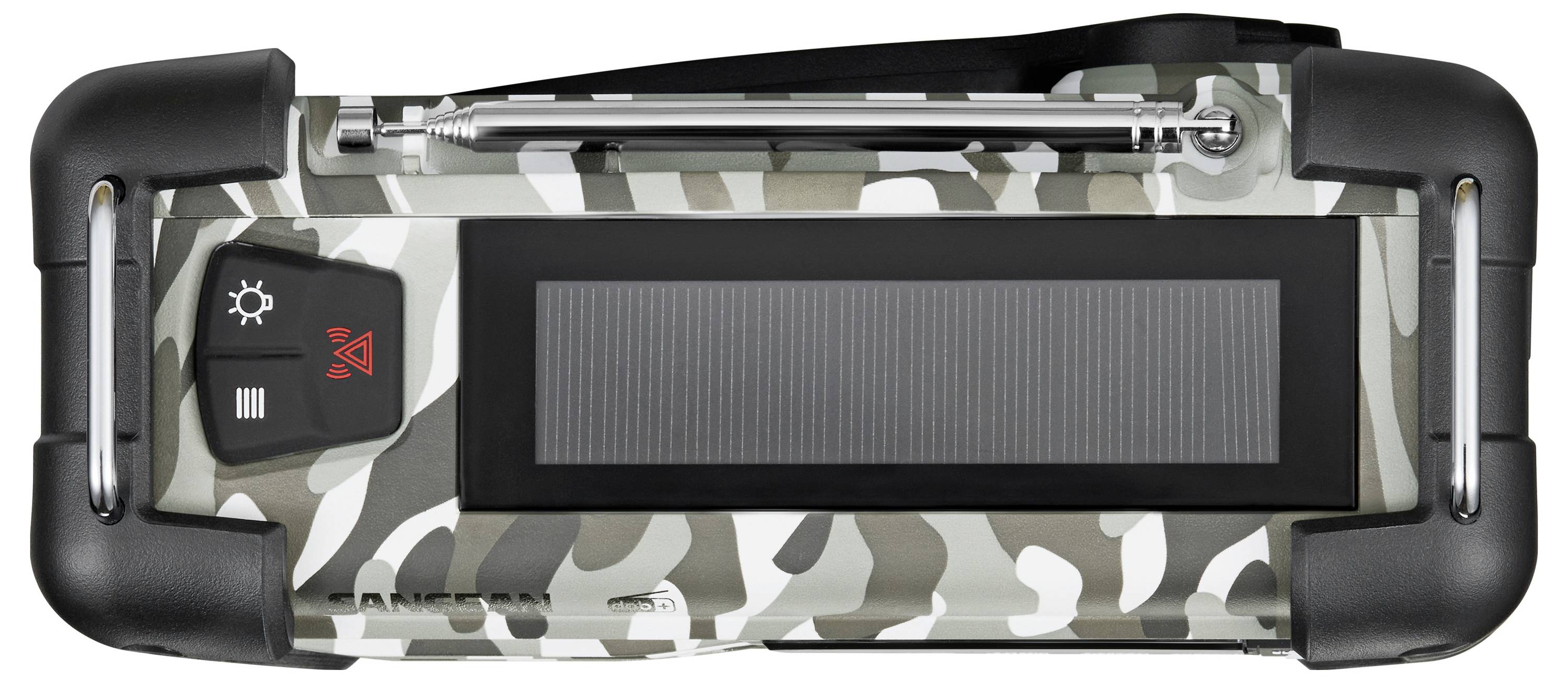 Ein Solarpanel-Ladegerät mit Tarnmuster, ausgestattet mit einer einziehbaren Antenne und Bedienungstasten, speziell für den Outdoor-Einsatz entwickelt.