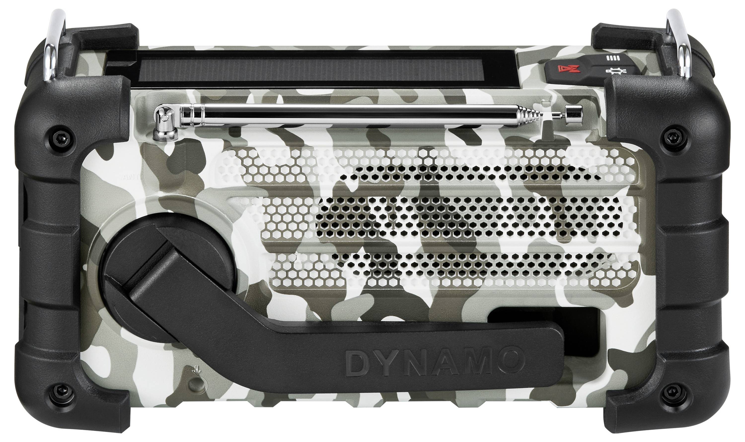 Ein robustes Notfallradio in Tarnfarben mit einer großen Handkurbel und Solarpanel, entwickelt für den Outdoor-Einsatz und zur Stromerzeugung.