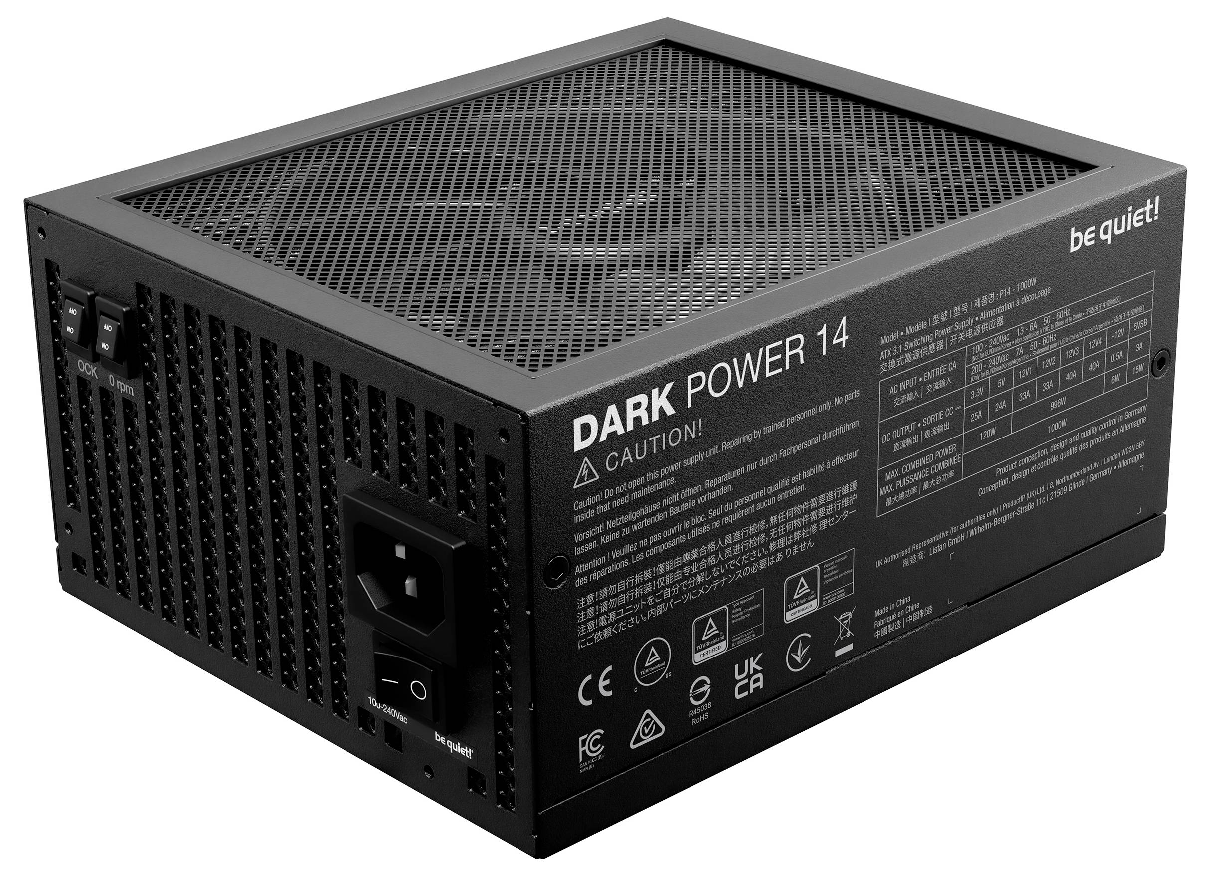 Eine Netzteileinheit mit der Bezeichnung 'Dark Power 14' von 'be quiet!', die ein Meshgewebe auf der Oberseite und detaillierte Produktinformationen an der Seite aufweist.