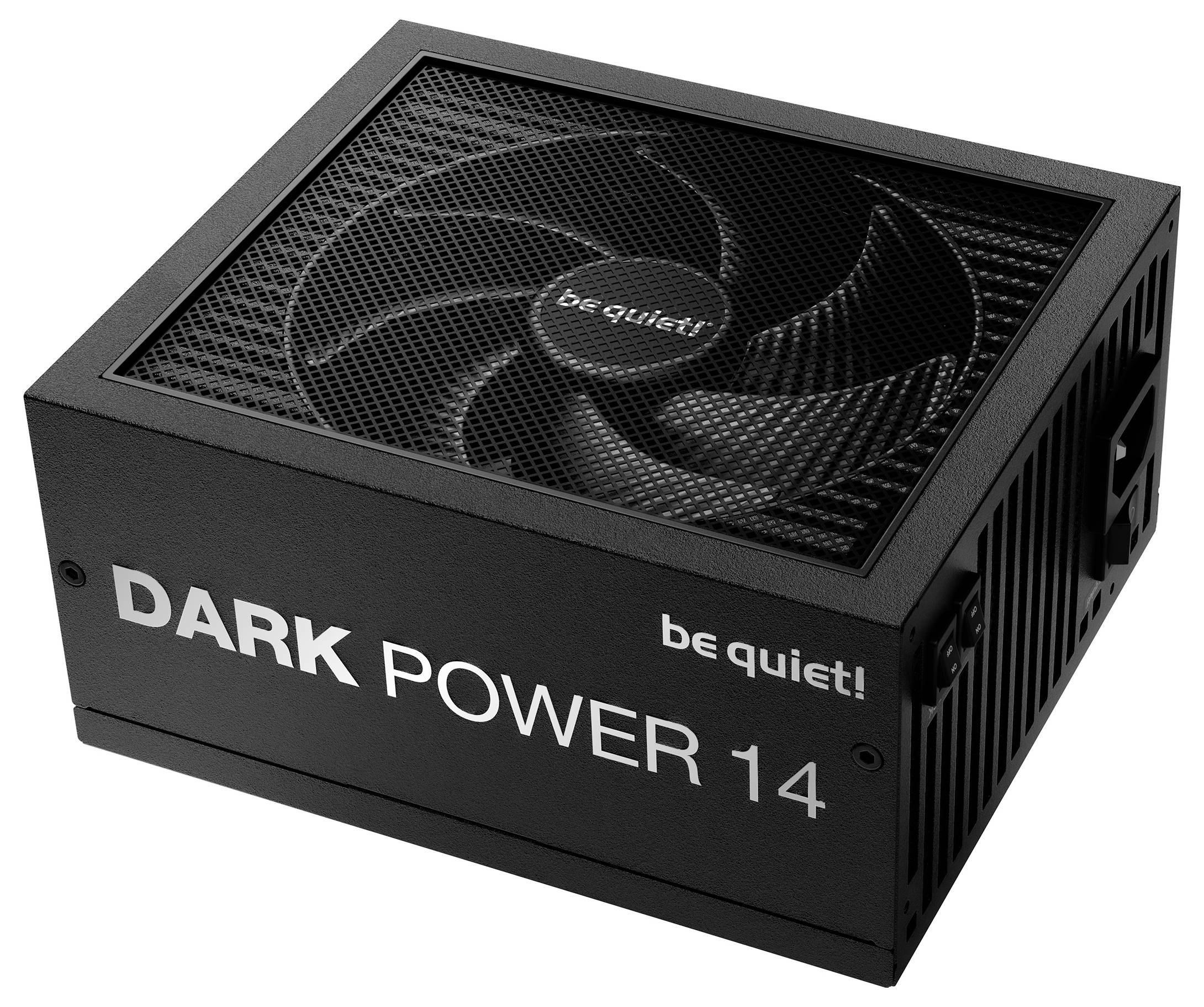 Schwarzes Netzteil mit einem großen Lüfter, beschriftet mit 'be quiet!' und 'DARK POWER 14.' Entwickelt für effiziente, leise Betriebsweise.