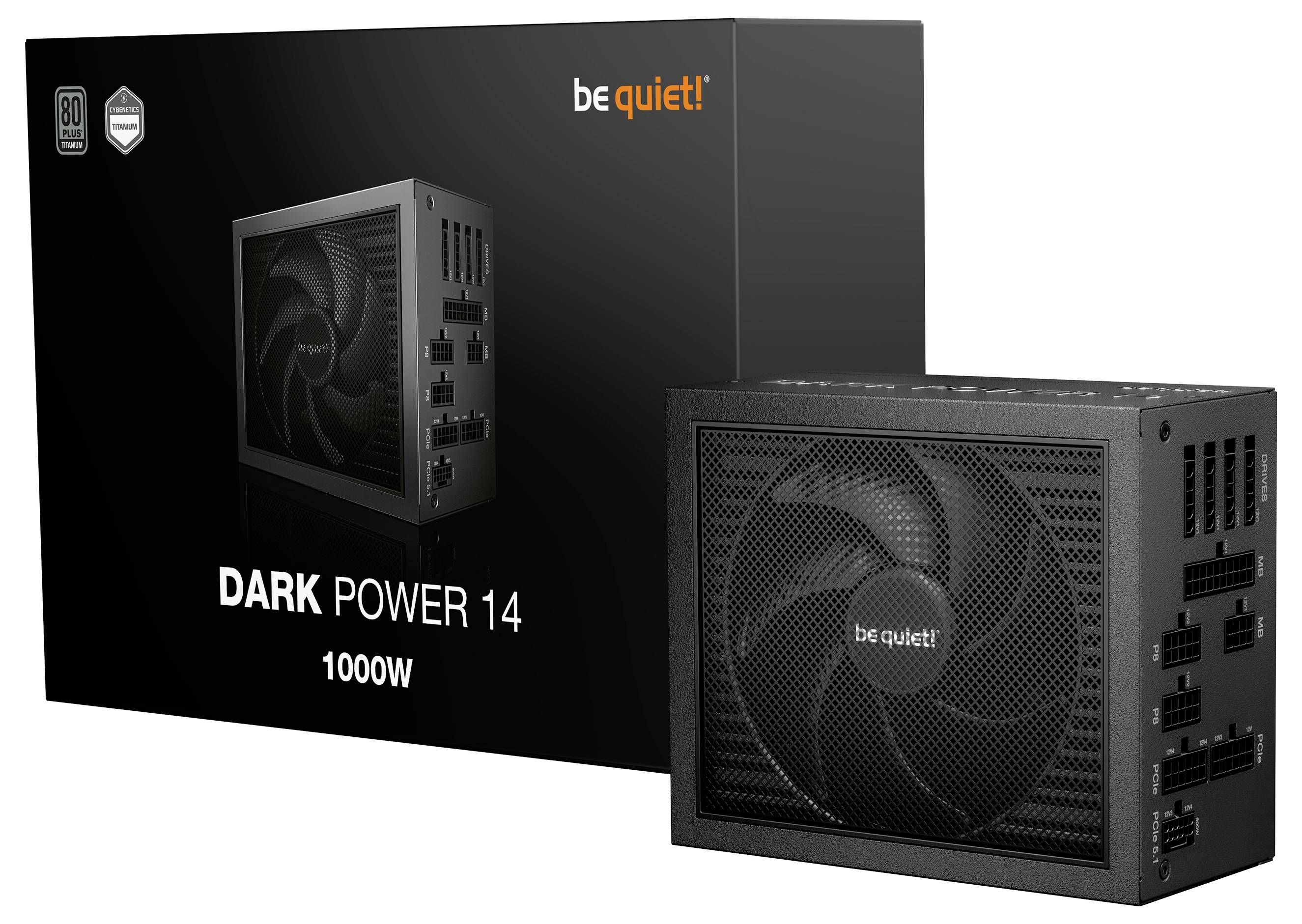 Sei still! Dark Power 14 Netzteil, 1000W, mit Verpackung gezeigt. Merkmale sind schwarzes Design mit modularen Anschlüssen und Lüfter.