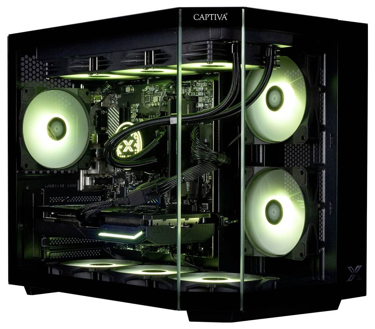 Ein modernes Gaming-Computer-Setup mit einer Glasgehäuse, beleuchteten Innenkomponenten, grünen LED-Lüftern und sichtbarer Schaltkreisarchitektur.