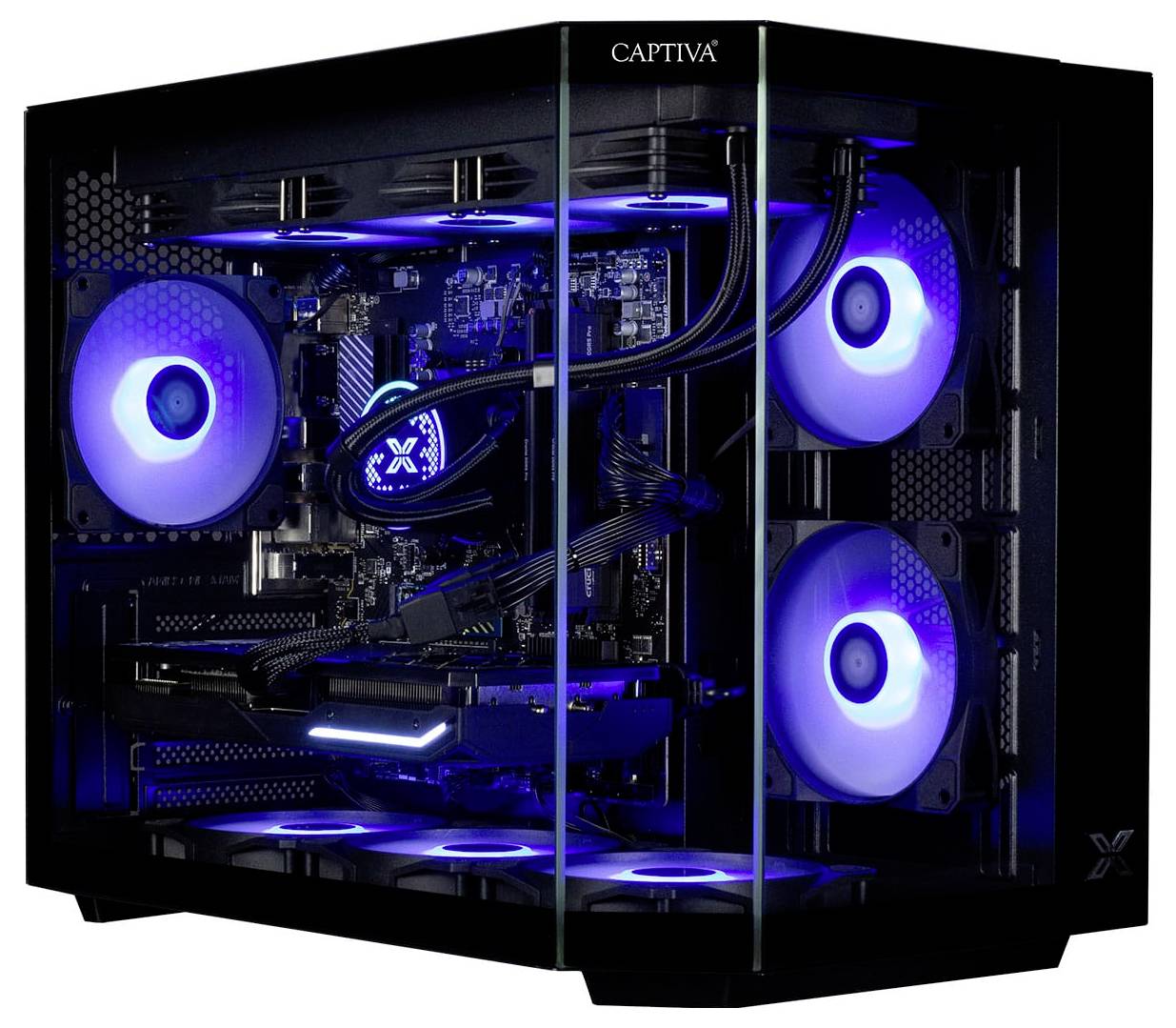 Ein Gaming-Computer mit einem transparenten Gehäuse, das blaue LED-Beleuchtung und mehrere Kühlventilatoren zeigt und seinen fortschrittlichen Hardwareaufbau hervorhebt.