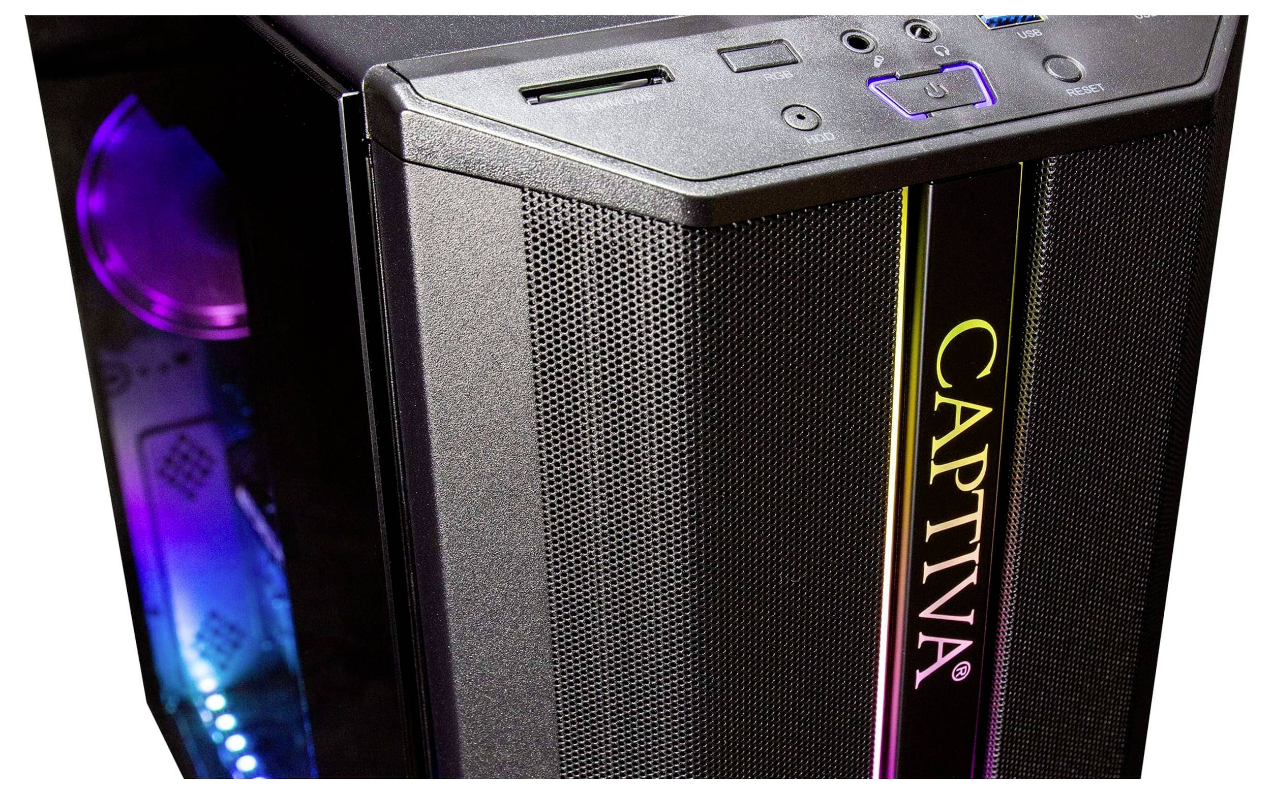 Ein schwarzer Desktop-Computer-Tower mit bunten LED-Lichtern und dem beleuchteten Wort 