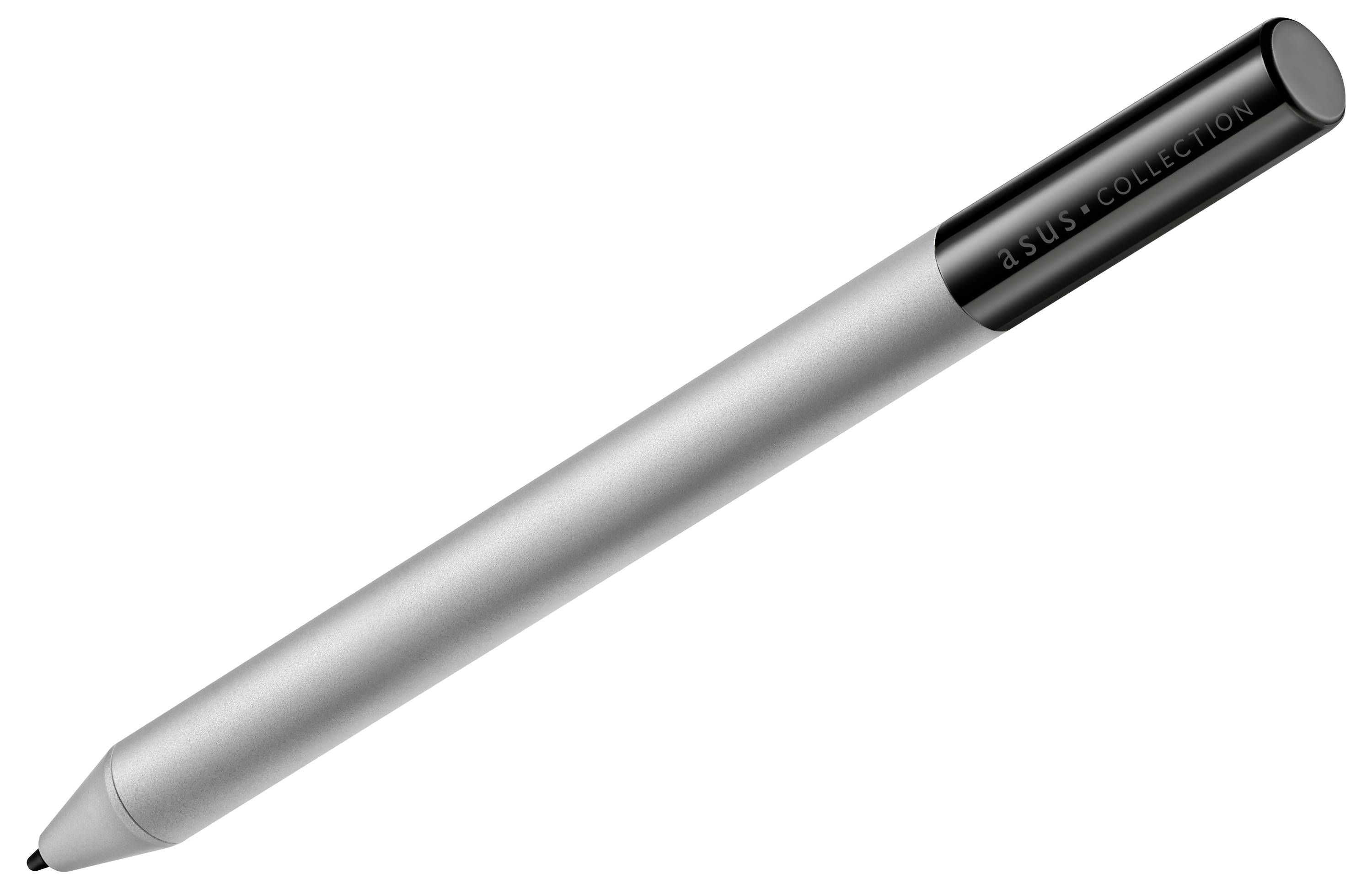 Ein Stylus-Stift mit einem metallisch silbernen Gehäuse und einer schwarzen Kappe, auf der 
