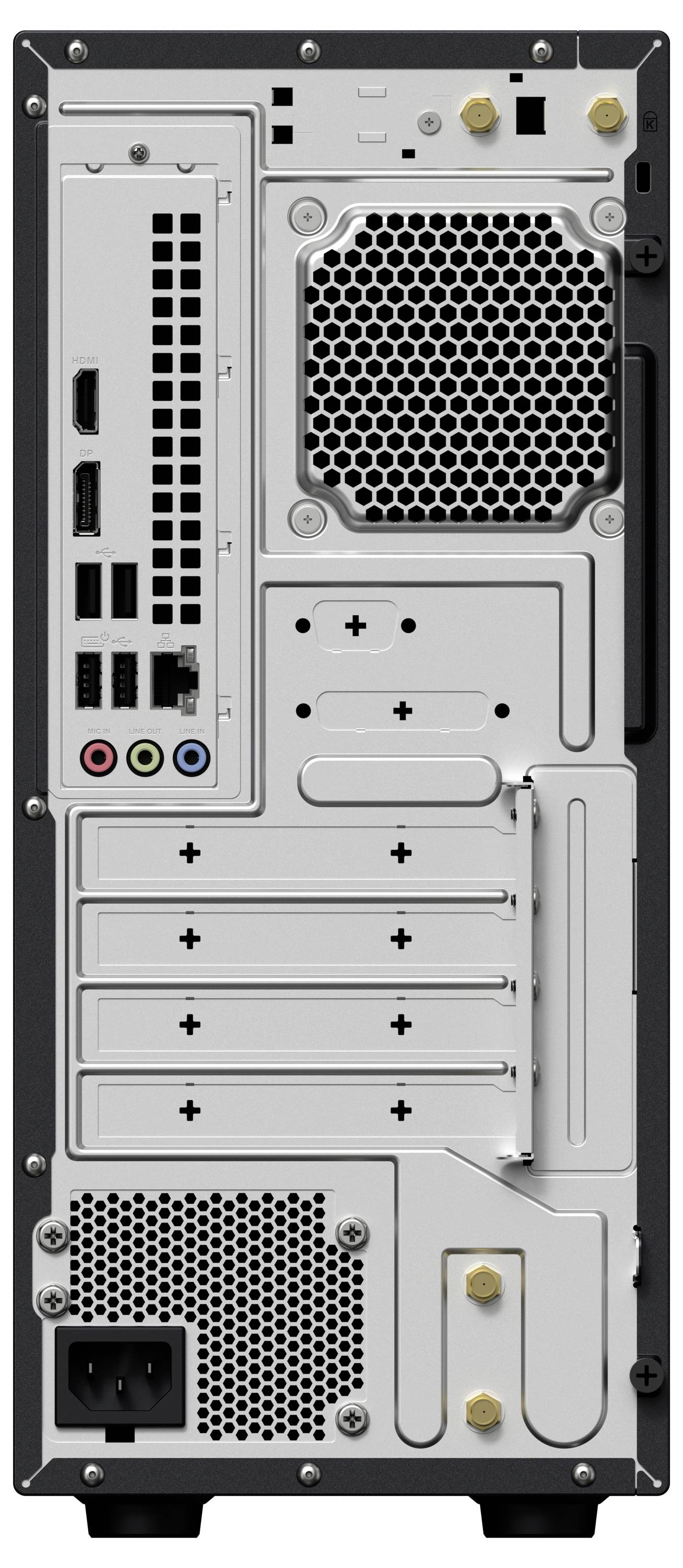 Rückansicht eines Computer-Gehäuses mit verschiedenen Anschlüssen wie USB, HDMI, Ethernet, Audioausgängen und Netzteil.