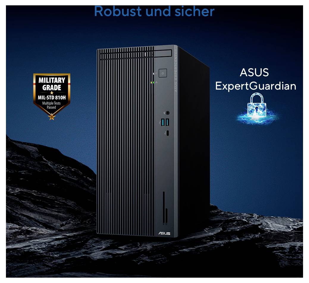 Ein schwarzer ASUS-Desktop-Computer steht auf felsigem Terrain, mit den überlagerten Texten 'Military Grade MIL-STD 810H' und 'ASUS ExpertGuardian', die seine Widerstandsfähigkeit hervorheben.