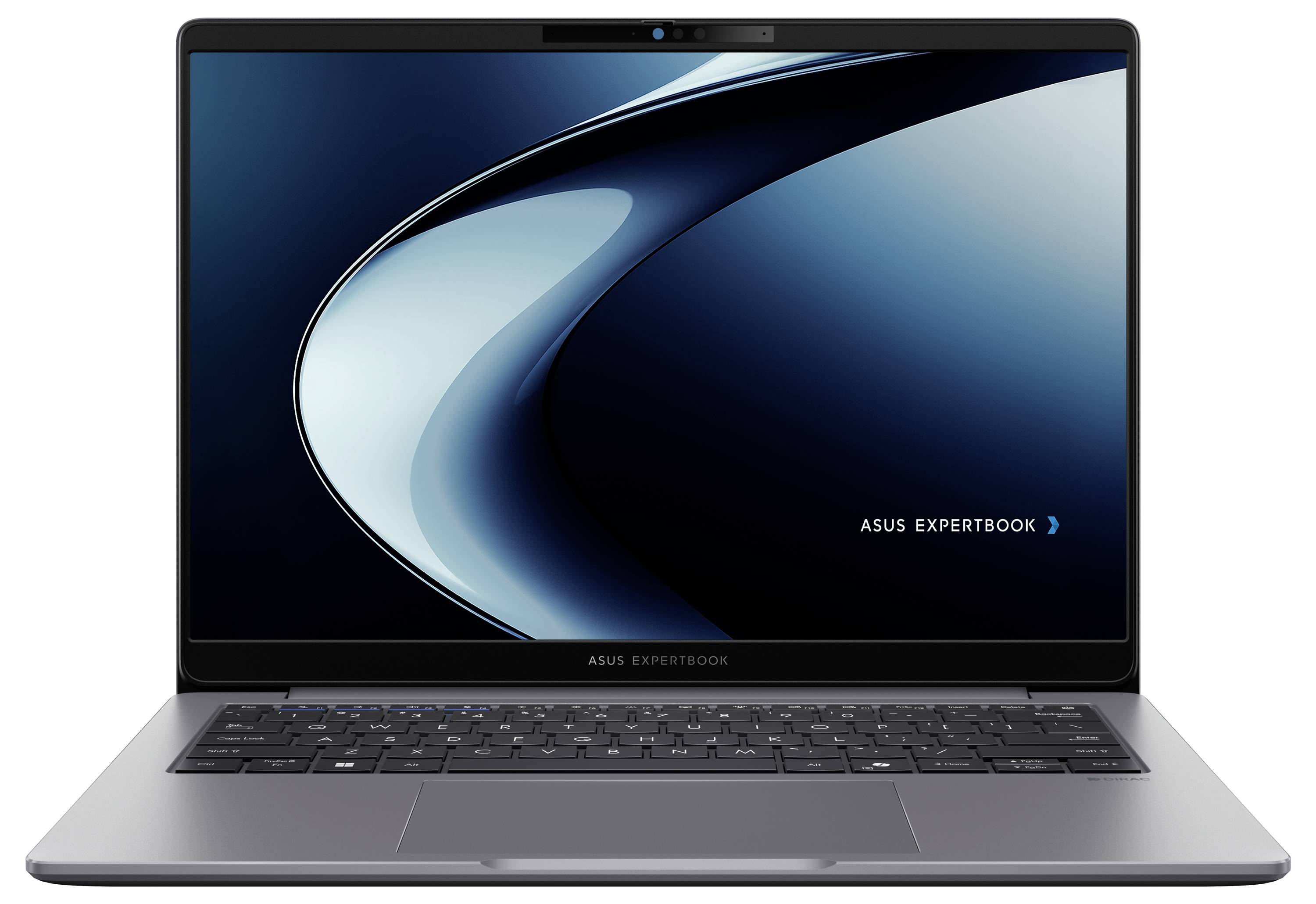Ein schlankes Laptop, das ein dynamisches blaues und schwarzes abstraktes Design auf dem Bildschirm zeigt, mit dem Text „ASUS ExpertBook