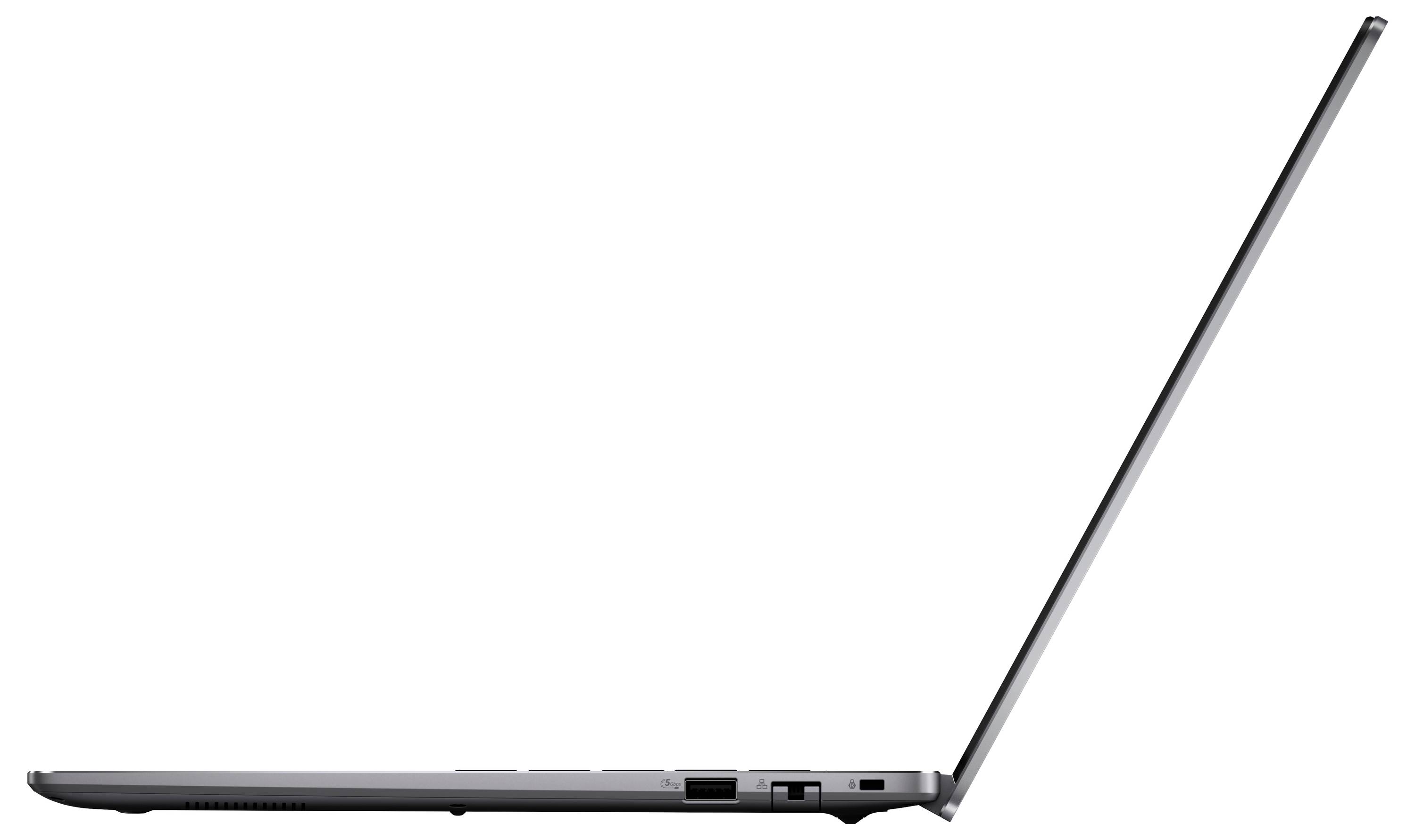 Ein schlanker, offener Laptop, von der Seite betrachtet, der ein dünnes Design und teilweise sichtbare Anschlüsse zeigt, vor einem weißen Hintergrund.