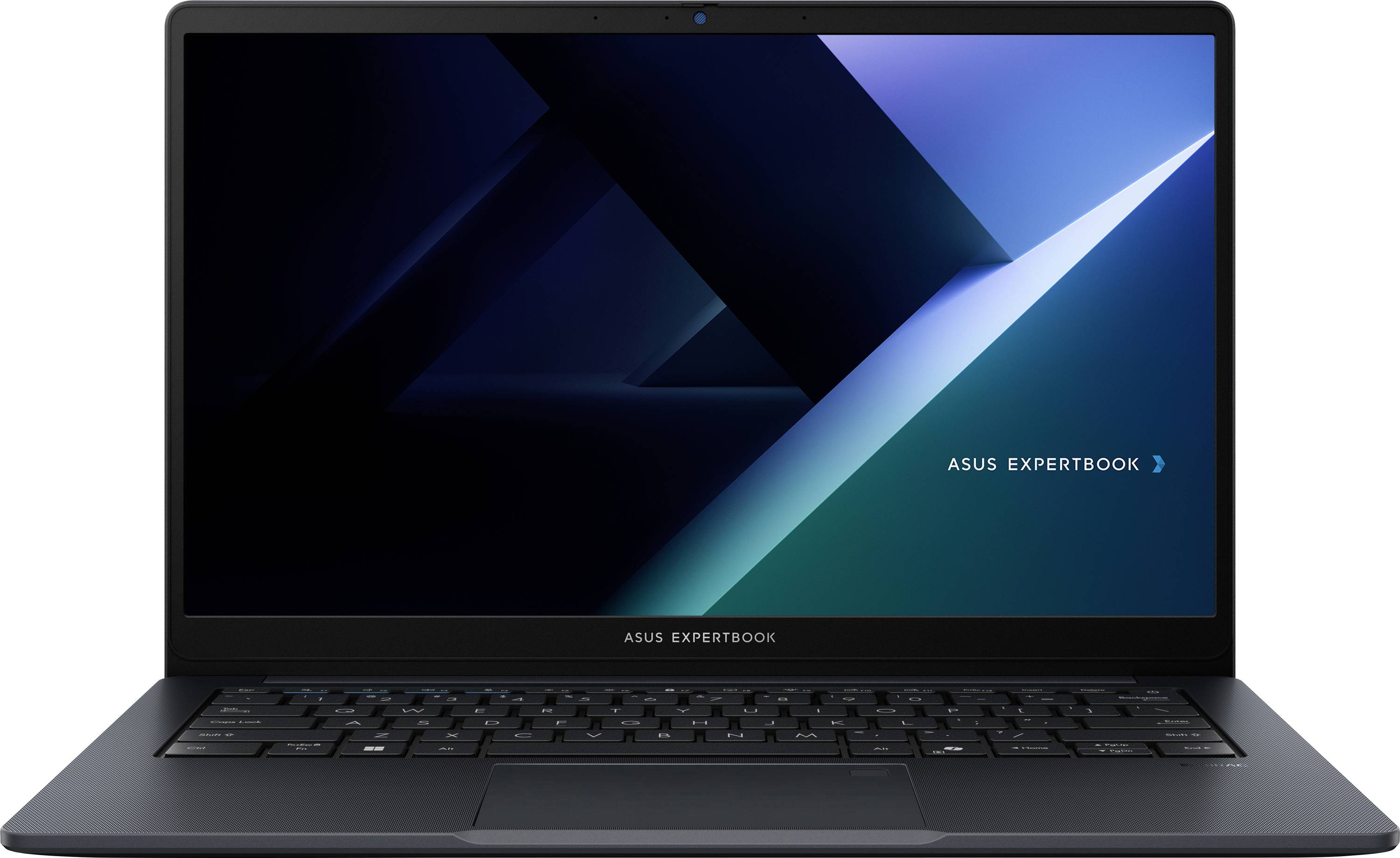 Ein schlankes schwarzes Asus ExpertBook Laptop mit einem lebhaften abstrakten Design auf dem Bildschirm, das einen modernen und professionellen Eindruck vermittelt.