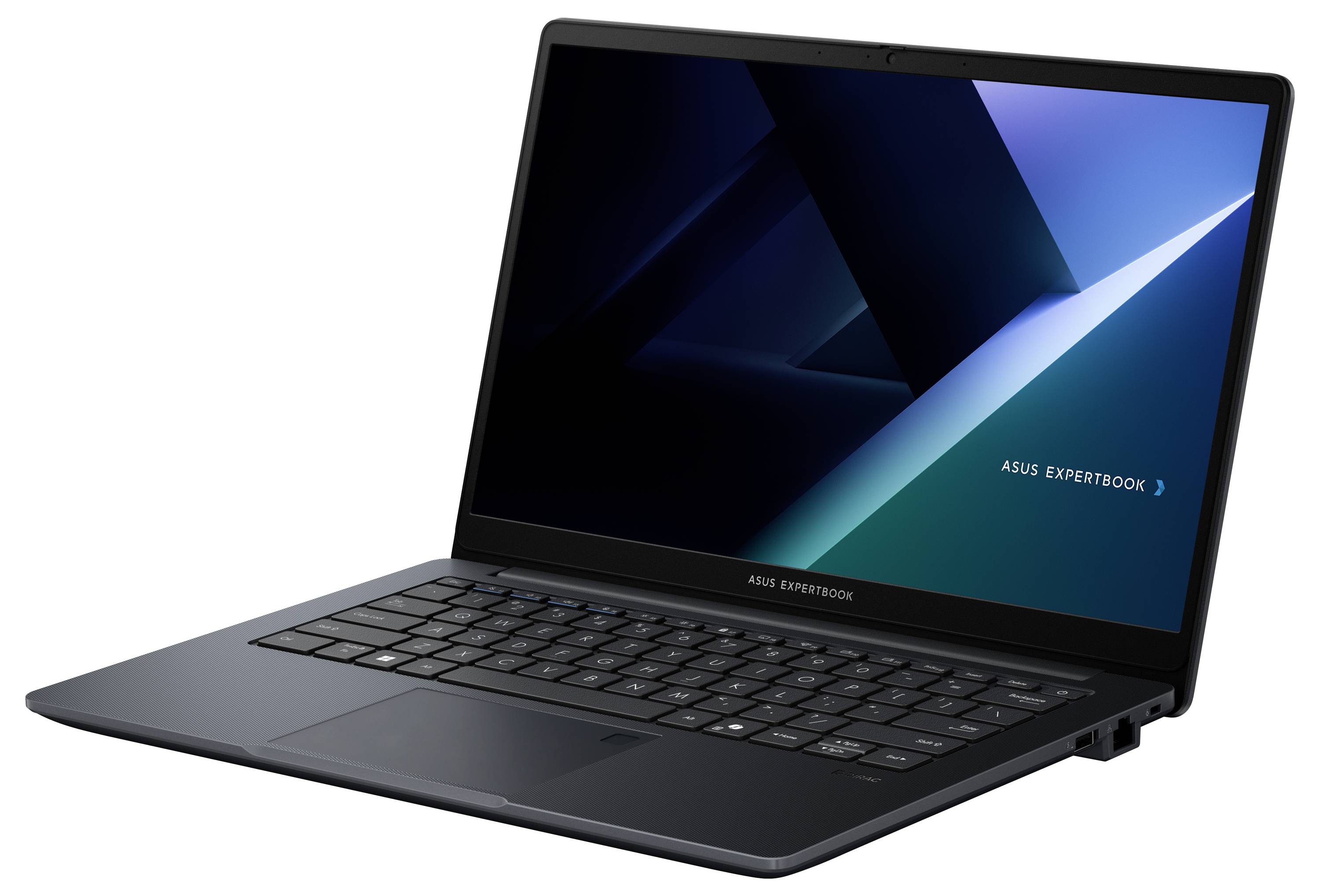 Ein schlankes Laptop mit einem dunklen Bildschirm, auf dem die Worte 'ASUS EXPERTBOOK' angezeigt werden. Das Gerät verfügt über eine schwarze Tastatur und dünne Displayränder.