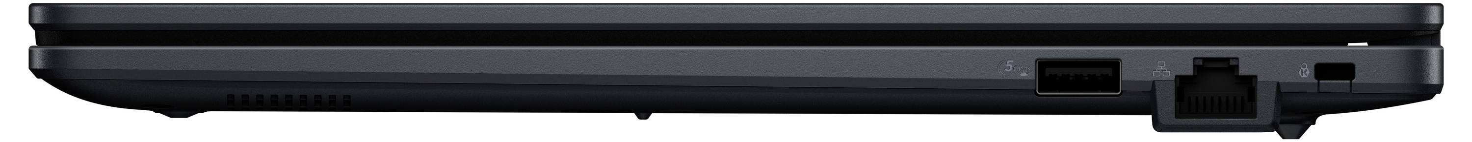 Seitenansicht eines geschlossenen schwarzen Laptops, der Netzwerk- und Konnektivitätsanschlüsse zeigt und das schmale Profil sowie die Platzierung der Anschlüsse veranschaulicht.