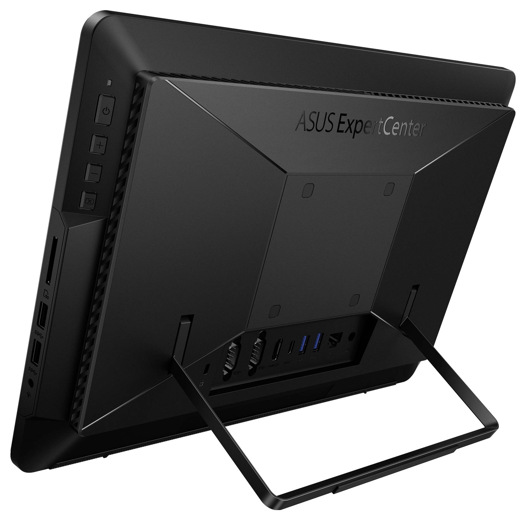 Rückansicht eines ASUS ExpertCenter Monitors mit Ständer, der mehrere Anschlüsse wie HDMI, USB und einen Einschaltknopf zeigt.