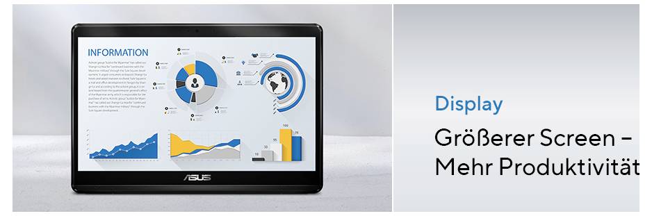 Ein Computertablett, das verschiedene Datenvisualisierungen auf dem Bildschirm anzeigt. Text rechts liest sich: 'Display Größerer Screen – Mehr Produktivität'.
