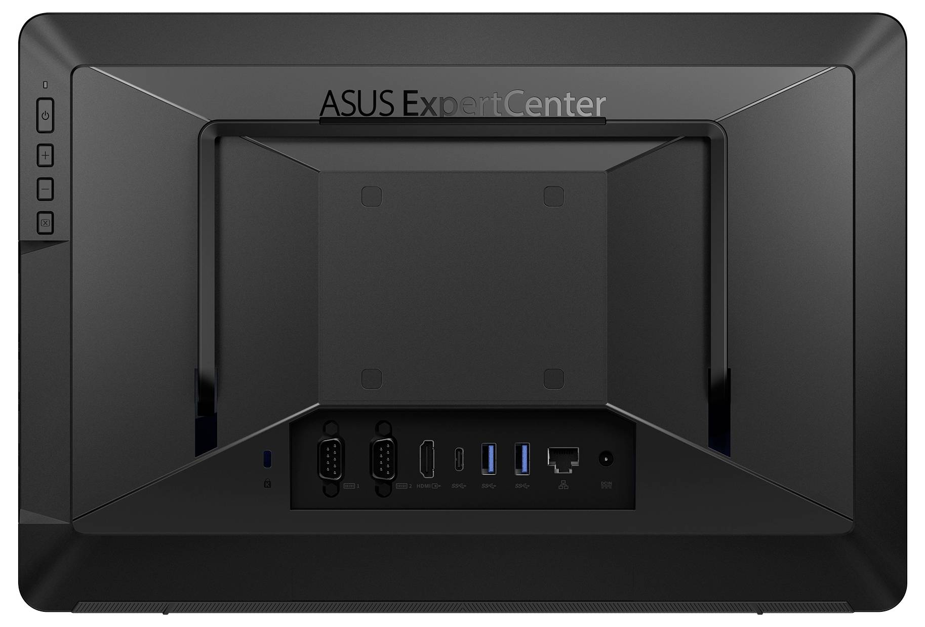 Rückansicht eines ASUS ExpertCenter-Monitors, der Anschlüsse wie HDMI, USB und Ethernet vor einem schwarzen Rahmen zeigt.