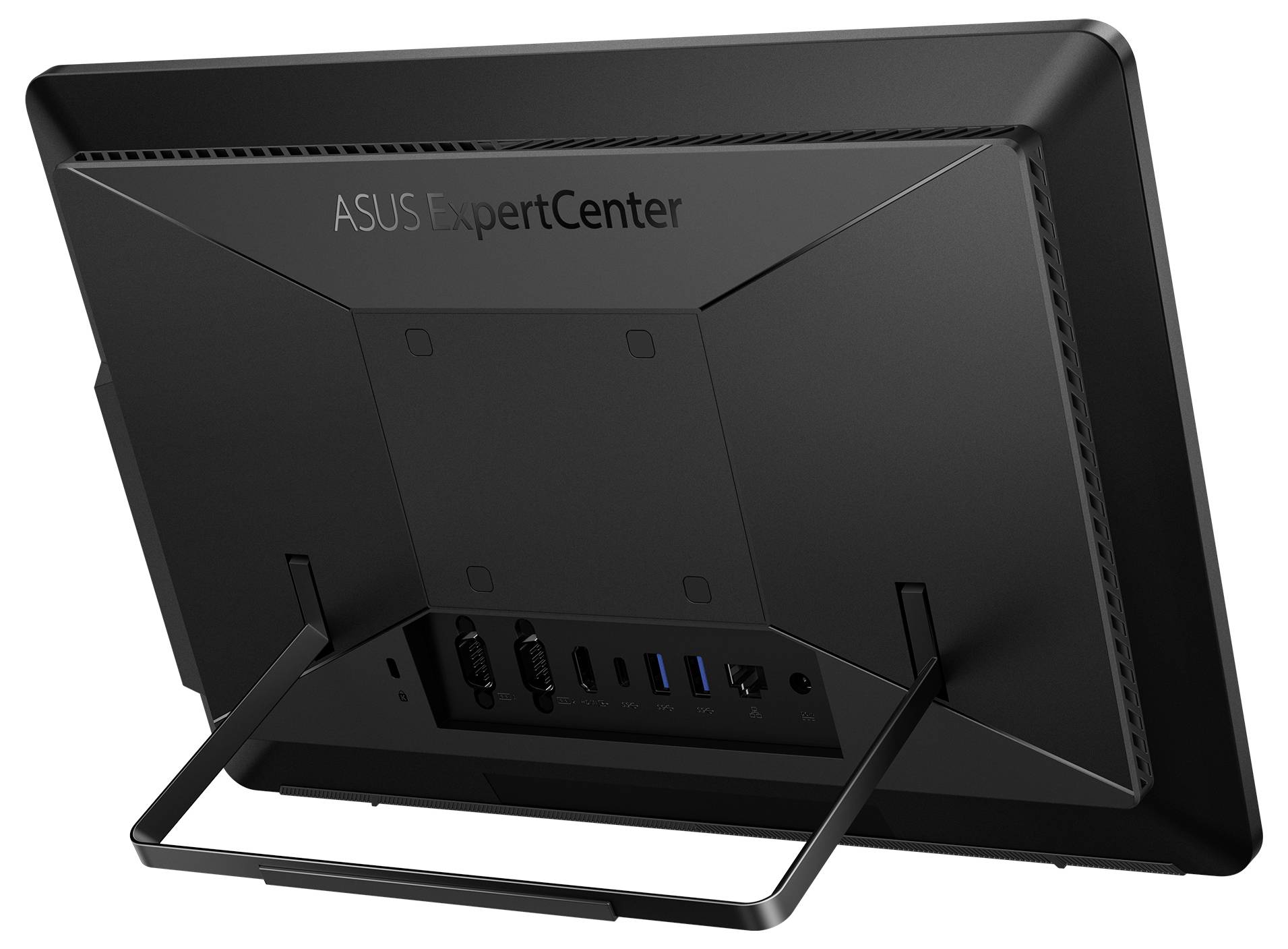 Rückansicht eines ASUS ExpertCenter-Computers mit Anschlüssen und Ständer, wobei die Konnektivitätsoptionen hervorgehoben werden