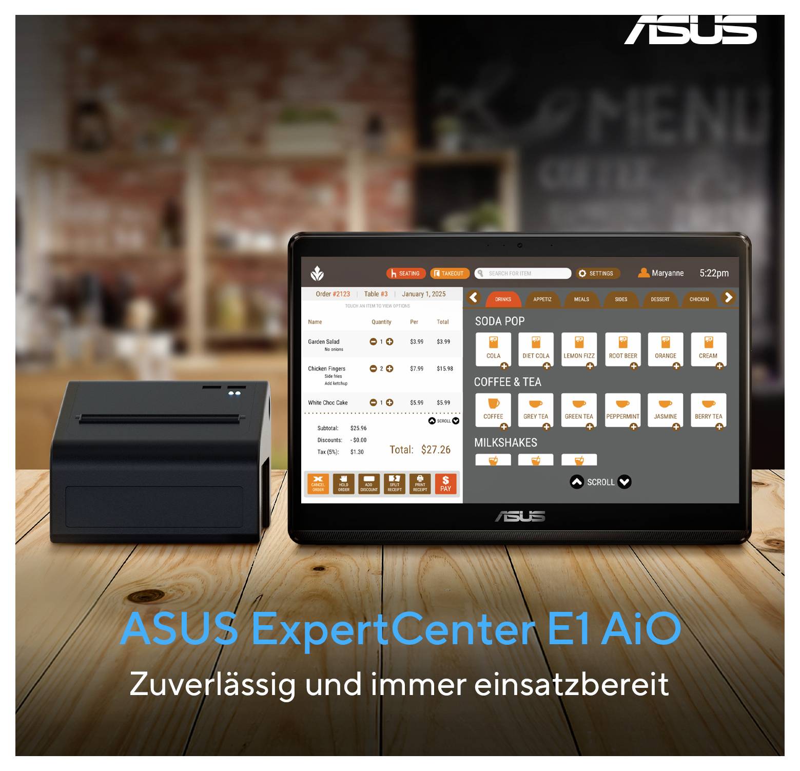 ASUS ExpertCenter E1 AiO auf einem Holztisch mit einer Point-of-Sale-Oberfläche für Bestellungen. Text lautet: 'Zuverlässig und immer einsatzbereit'.