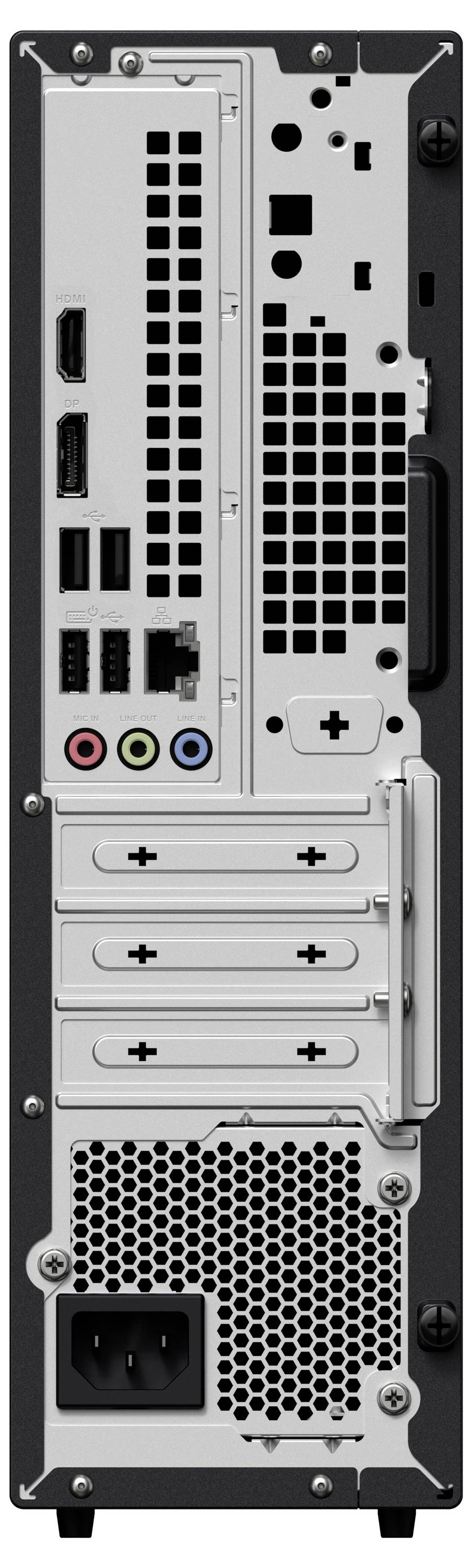 Das Rückpanel eines Computertowers mit verschiedenen Anschlüssen, Erweiterungsslots und einem Netzteil-Eingang.
