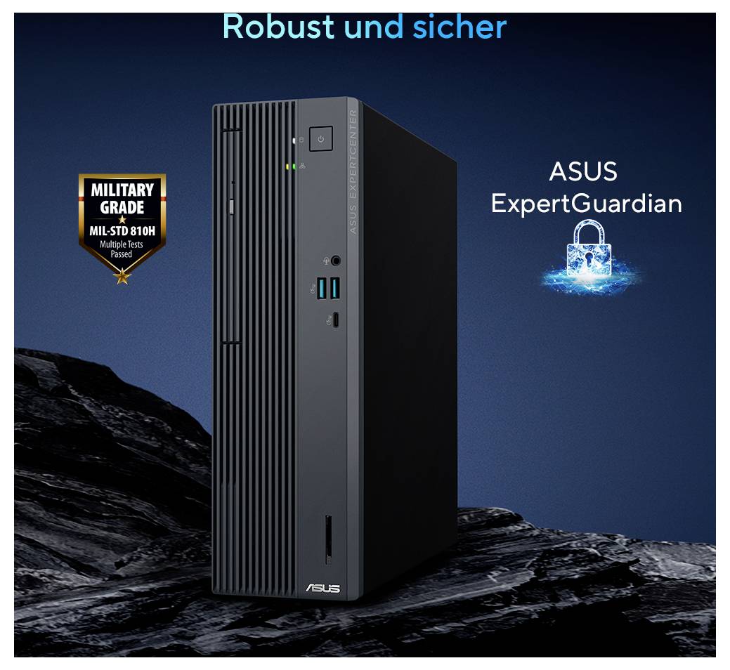 Ein schwarzer ASUS-Desktop-Computer mit dem Text 