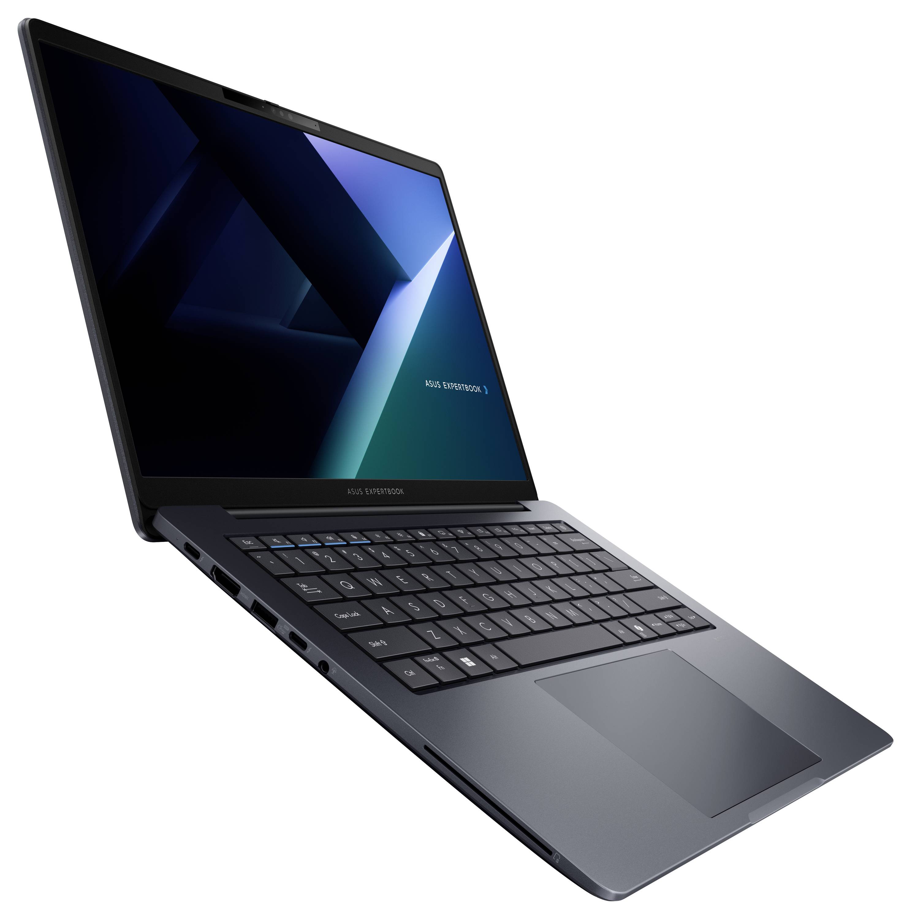 Ein schlanker schwarzer Laptop, der eine lebendige geometrische Tapete auf dem Bildschirm zeigt, von der Seite aufgenommen und dabei Tastatur und Touchpad hervorhebend.