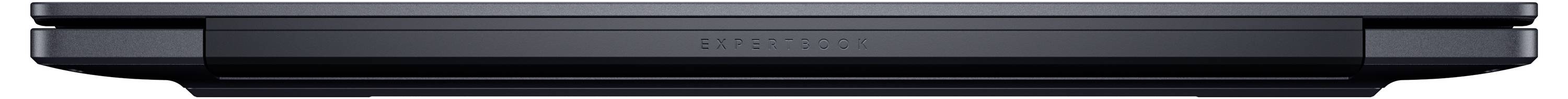 Geschlossener schwarzer Laptop, Frontansicht, zeigt schlankes Profil und sichtbare Scharniere.