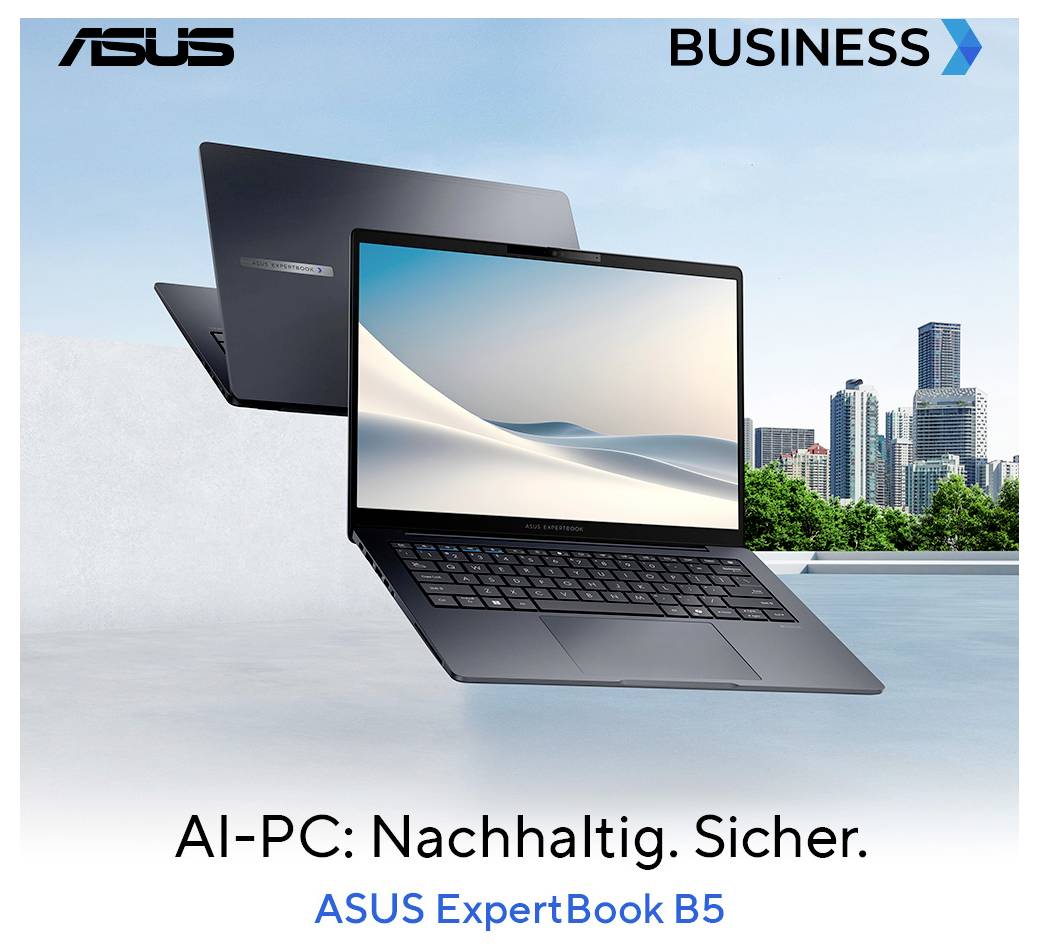 Zwei Laptops auf einem Stadtlandschaftshintergrund mit dem Text 'KI-PC: Nachhaltig. Sicher.' und 'ASUS ExpertBook B5' unten.