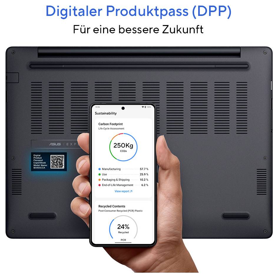 Ein Smartphone zeigt einen Nachhaltigkeitsbericht mit einem CO2-Fußabdruck von 250 kg. Rückseite eines Laptops sichtbar. Text: 'Digitaler Produktpass (DPP) Für eine bessere Zukunft'.