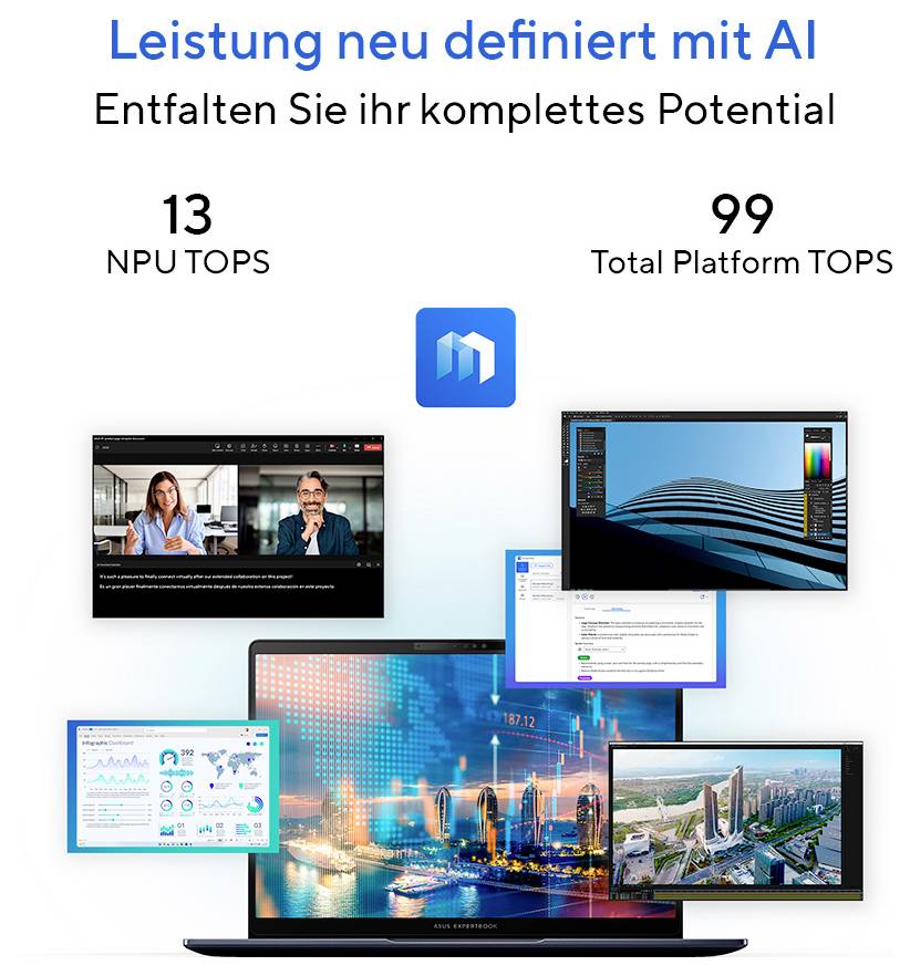 Ein deutscher Werbetext, der die KI-Leistung hervorhebt. Er zeigt mehrere Bildschirme, einen zentralen Laptop und die Texte: 