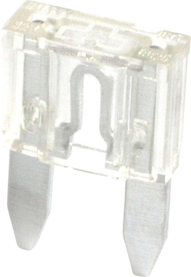 Eine transparente Kunststoff-Flachsicherung mit zwei Metallzungen, die in Fahrzeugen üblicherweise verwendet wird, um elektrische Schaltkreise vor Überlastung zu schützen.