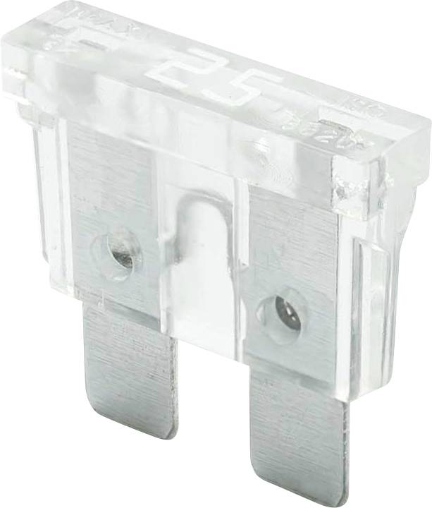 Ein transparenter 25-Ampere-KFZ-Flachsicherungshalter mit zwei Metallstiften, der zum Schutz von elektrischen Stromkreisen in Fahrzeugen und elektronischen Geräten ausgelegt ist.