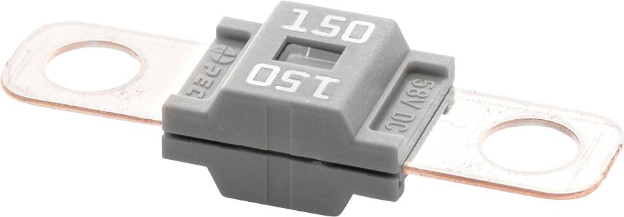 Eine graue Automotive-Sicherung mit einer 150-Ampere-Bewertung, die Kupferkontakte an beiden Seiten für die Integration in das elektrische System eines Fahrzeugs aufweist.