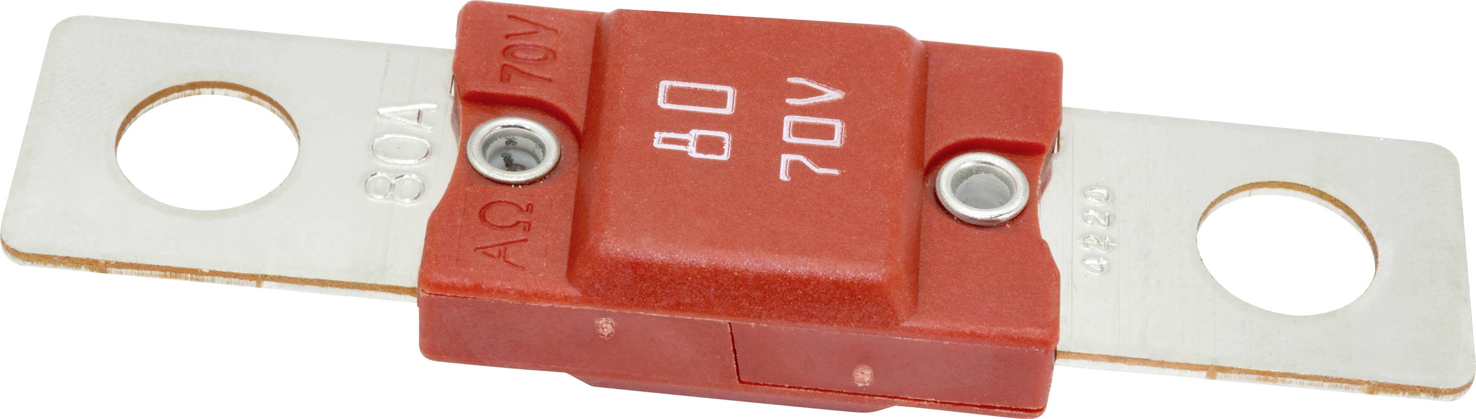 Eine rote 70V 80A Kfz-Sicherung mit Metallklemmen an jeder Seite, die zum Schutz von elektrischen Schaltkreisen in Fahrzeugen verwendet wird.