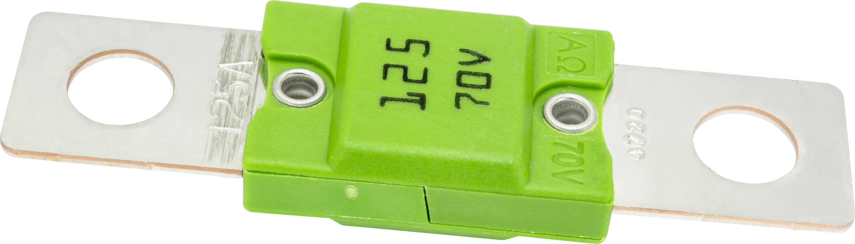 Eine grüne Automotive-Sicherung mit einer Nennstärke von 125 Ampere und 70 Volt.