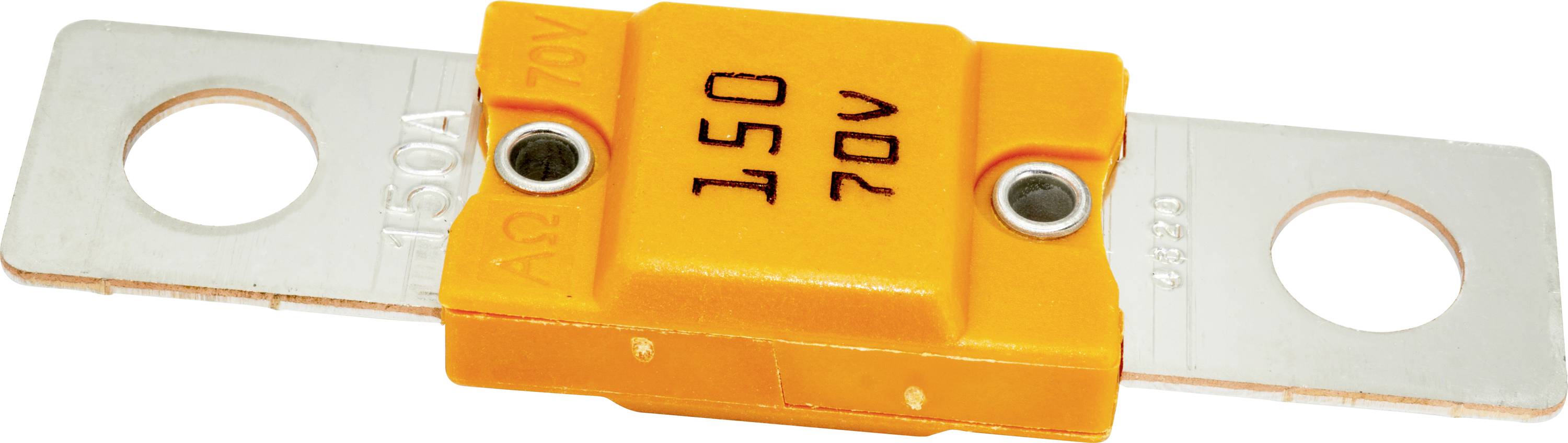 Eine orange 150-Ampere, 70-Volt-Klingensicherung mit Metallklemmen an beiden Seiten, die zur elektrischen Stromkreisabsicherung verwendet wird.