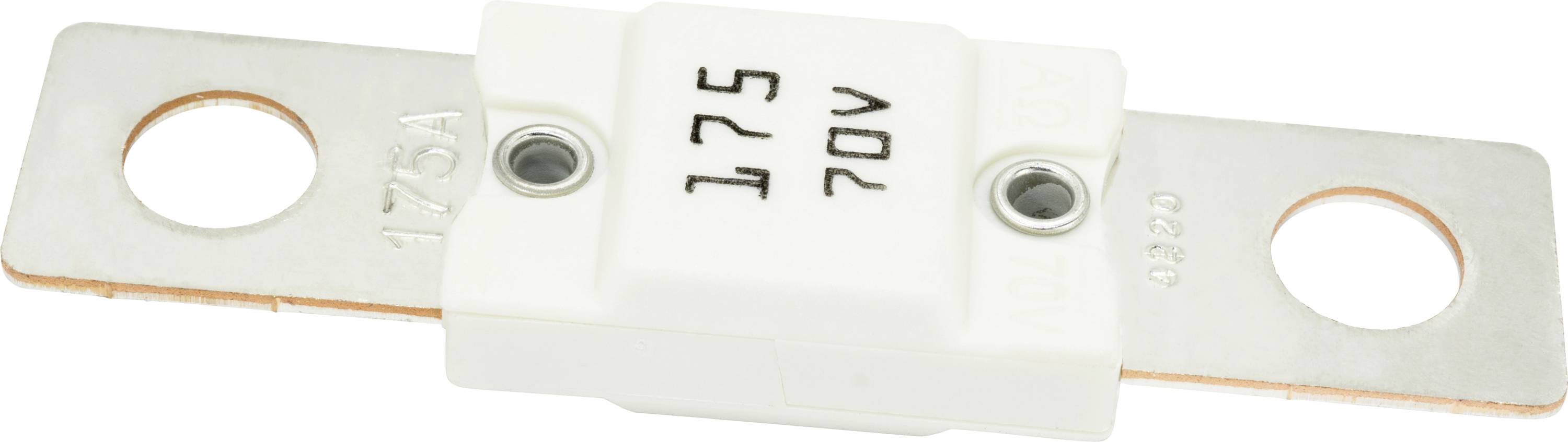 Eine weiße Elektrische Sicherung mit Metallkontakten an beiden Enden, ausgelegt für '175A 70V'.