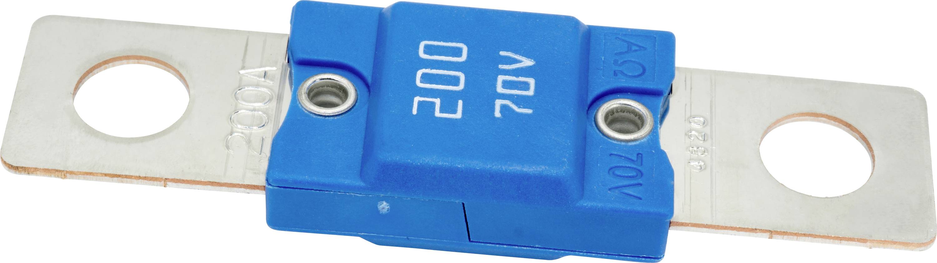 Ein Nahaufnahme-Bild einer blauen 200A-Sicherung mit Metallverbindern an beiden Seiten. Die Sicherung ist mit '200', '70V' und 'A3' gekennzeichnet.