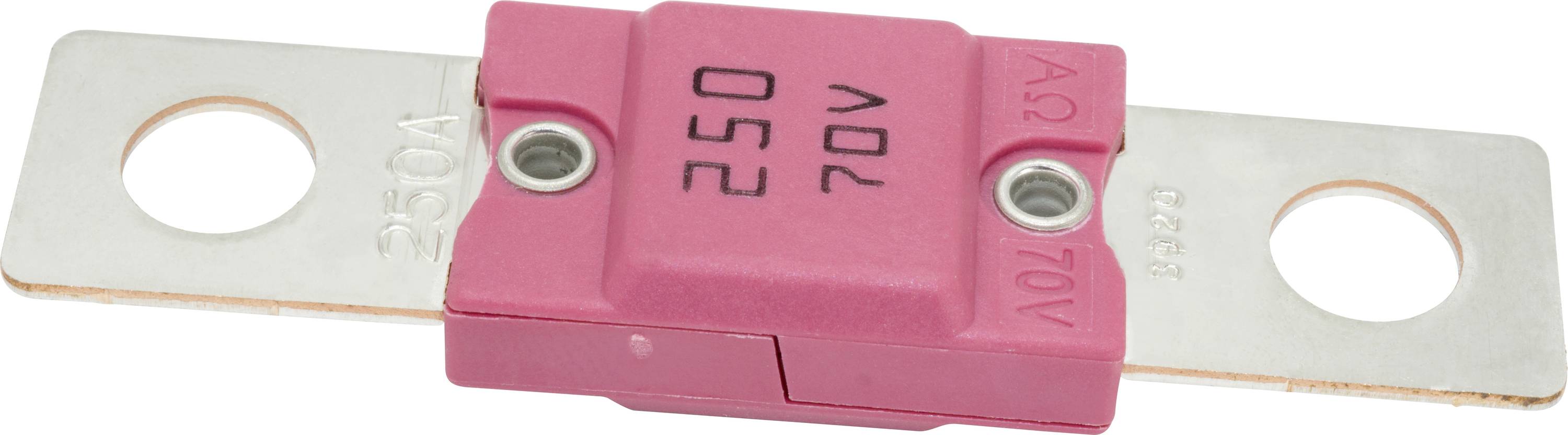 Eine rosa 250-Ampere-, 70-Volt-Klingensicherung mit Metallenden für elektrische Anwendungen. Die Bewertung ist auf dem rosa Gehäuse gedruckt.