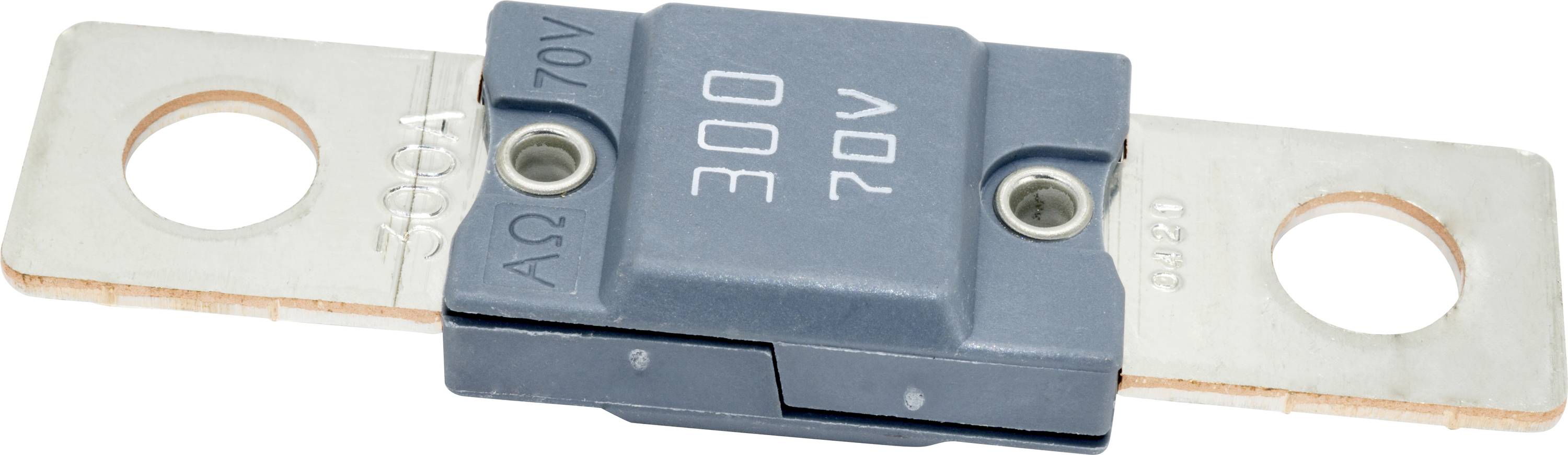 Eine blaue und silberne Automotive-Sicherung, bewertet mit ‚300 A 70 V', mit zwei Metallzungen für die Verbindung.