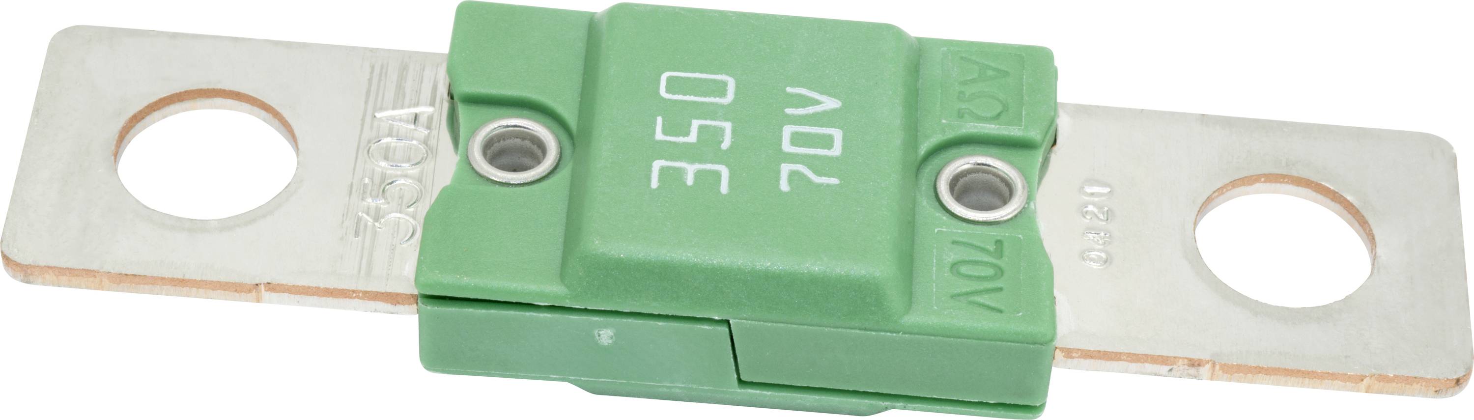 Eine grüne 350A 70V DC Automotive-Sicherung mit zwei Metallanschlüssen, ausgelegt für hochstromfähige Anwendungen in Fahrzeugen oder Maschinen.